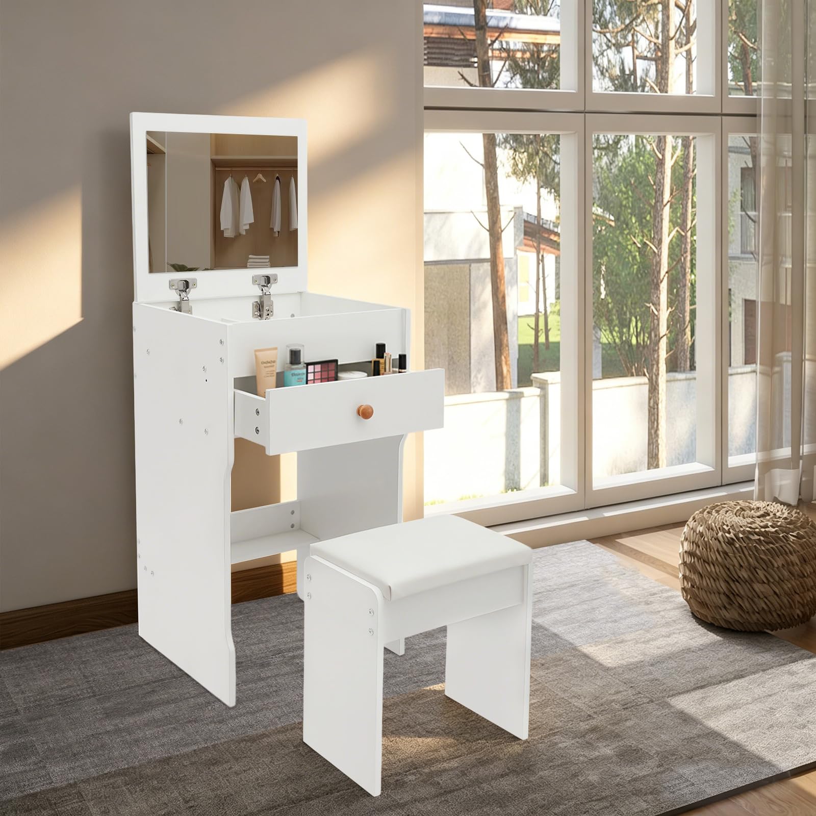 Tocador con espejo, 40 × 37,5 × 72 cm, mesa cosmética con cajones y taburete, pequeño juego de tocador de maquillaje, mesa de maquillaje para dormitorio, hasta 90 kg (blanco)