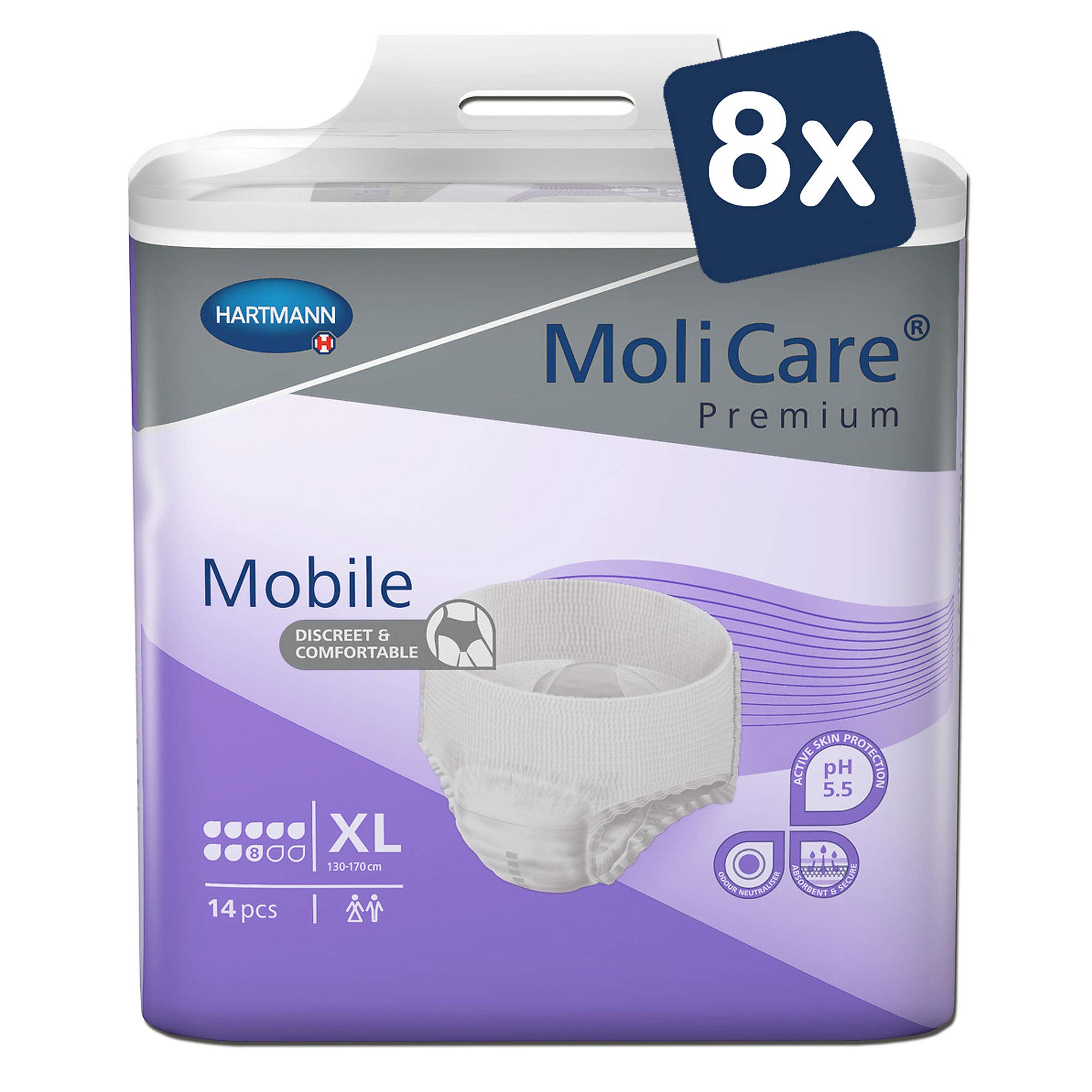 MoliCare Premium Mobile Einweghose: Diskrete Anwendung bei Inkontinenz für Frauen und Männer; 8 Tropfen, Gr. XL (130-170 cm Hüftumfang), 8x14 Stück