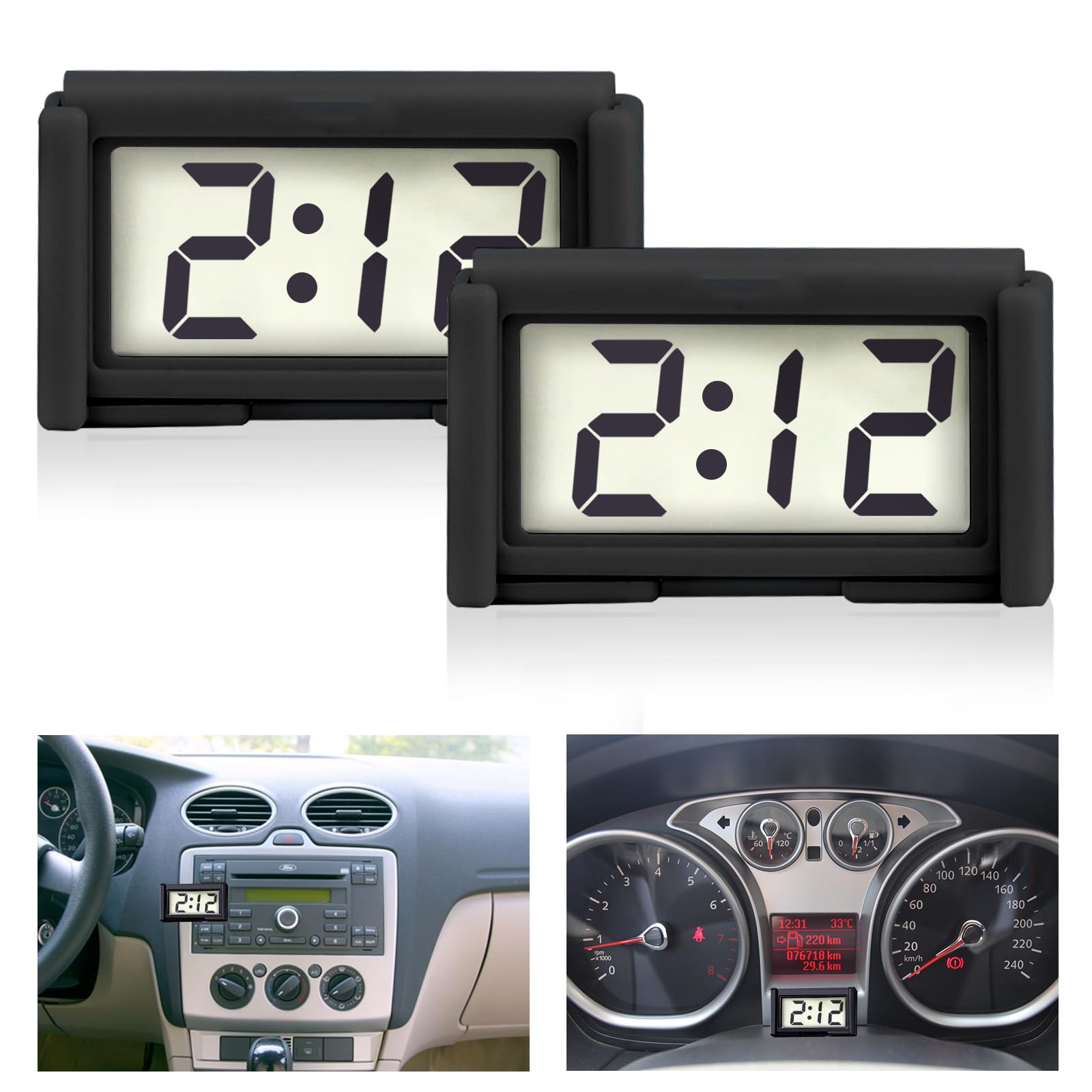 2 Pcs Mini Digital Clock Small Magnetic Car Dashboard Clocks Stick on Self Adhesive Bracket Digital Clocks Battery Operated Automotive Stick On Watch for Air Vent (Black 2)