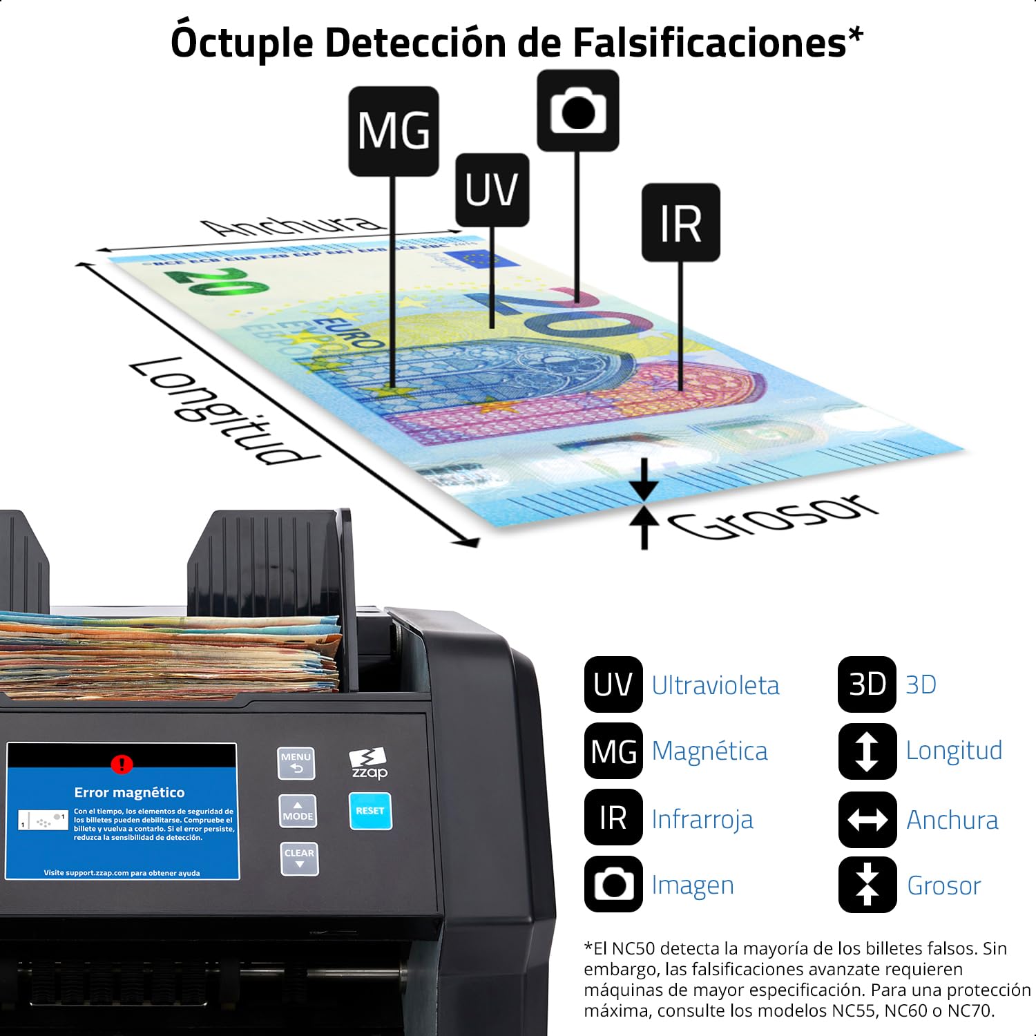 ZZap NC50 Contadora de Billetes y Detector de Falsificaciones - Contadora de Valor para Denominaciones Mixtas - Máquina de Efectivo