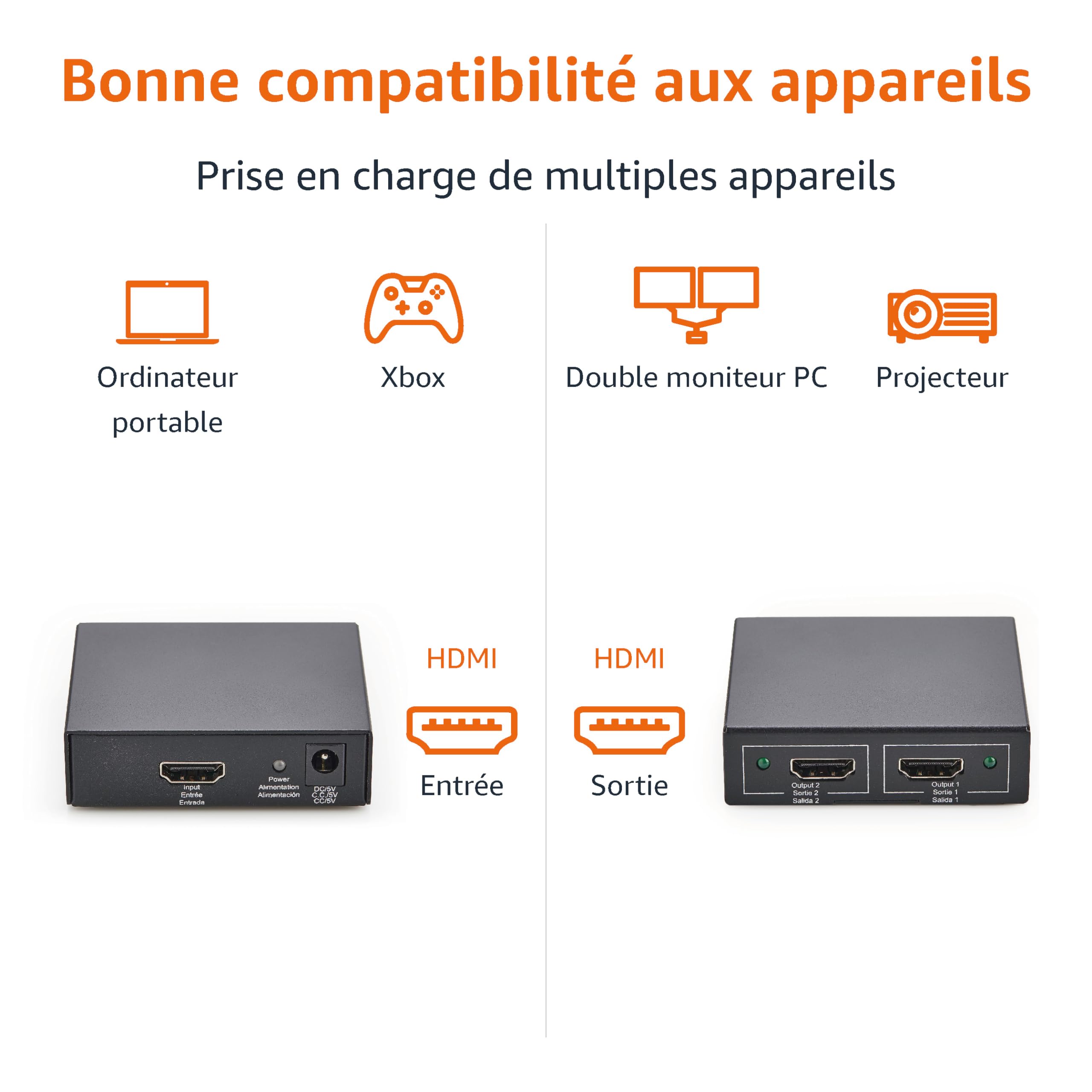 Amazon Basics Répartiteur HDMI 1 Entrée 2 Sorties 4K 30Hz Noir