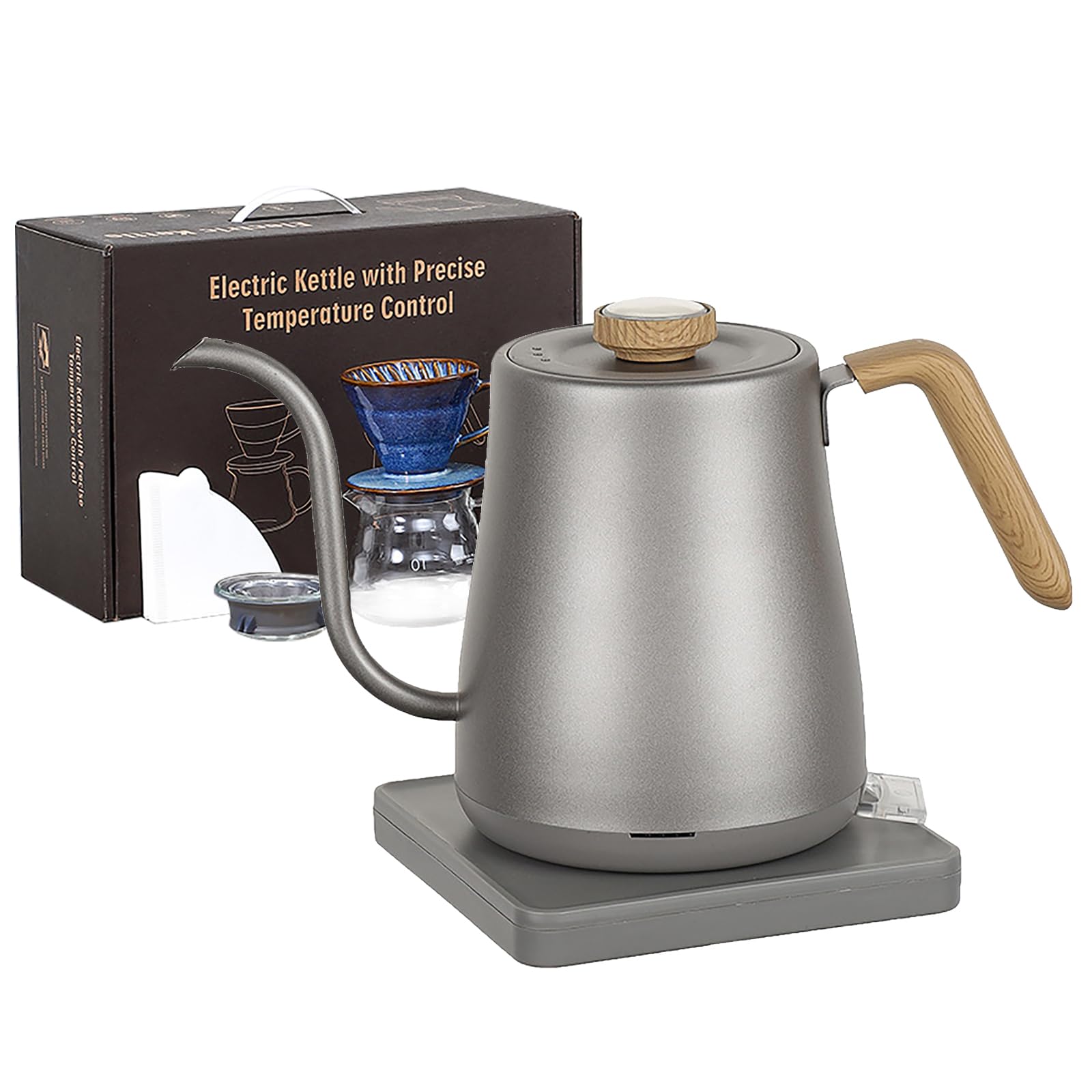 Gooseneck Digital Electric Kettle Set, 304 Stainless Steel Interior Programmed Temperatures with ±1℉ Temperature Control Function, 1000 Watt Rapid Boiling And Keep Warm Function,Silver