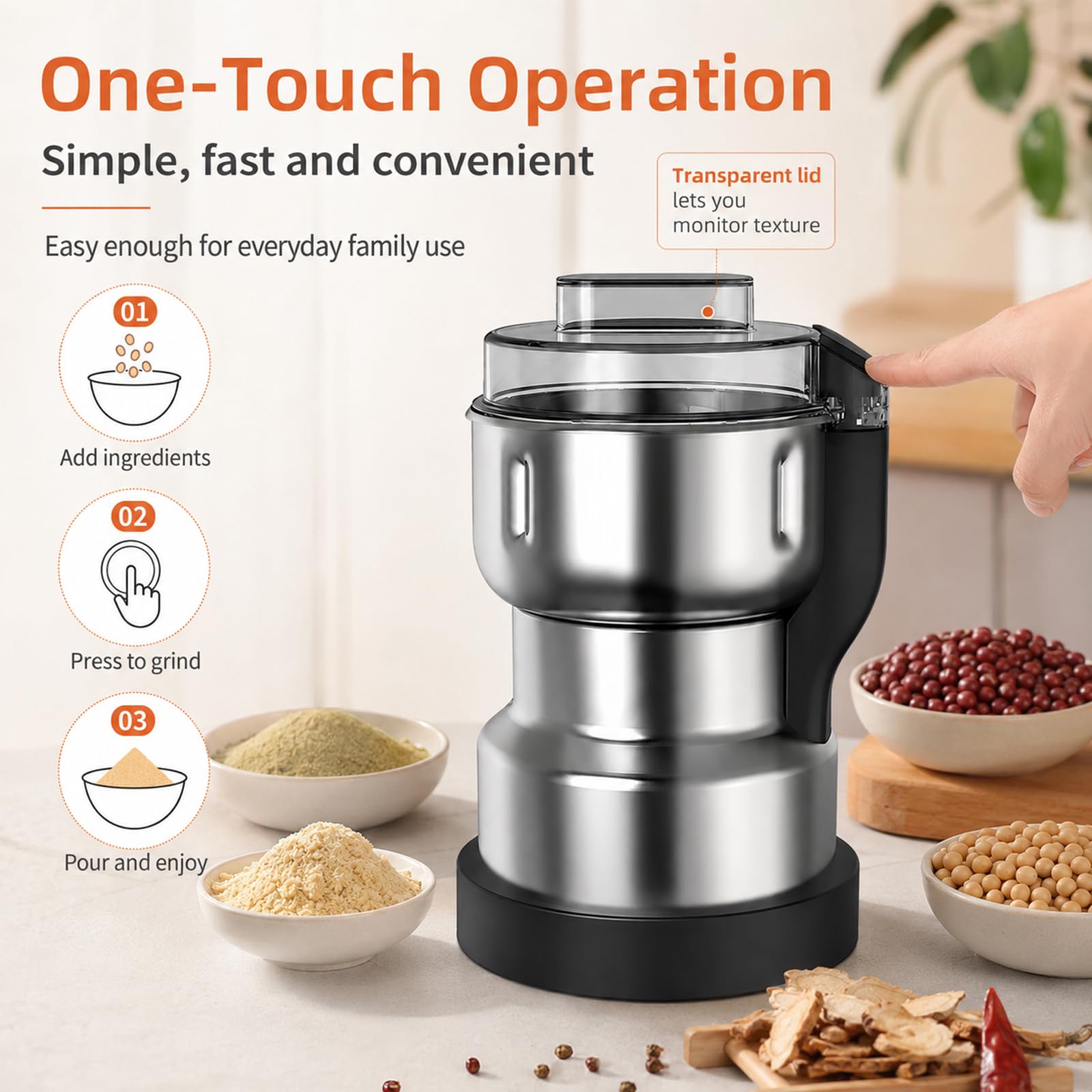 Macinino elettrico per caffè e spezie, 300 g, in acciaio inox, a 6 lame, funzionamento One Touch, ciotola per spezie, fagioli, erbe, riso, noci e ingredienti secchi