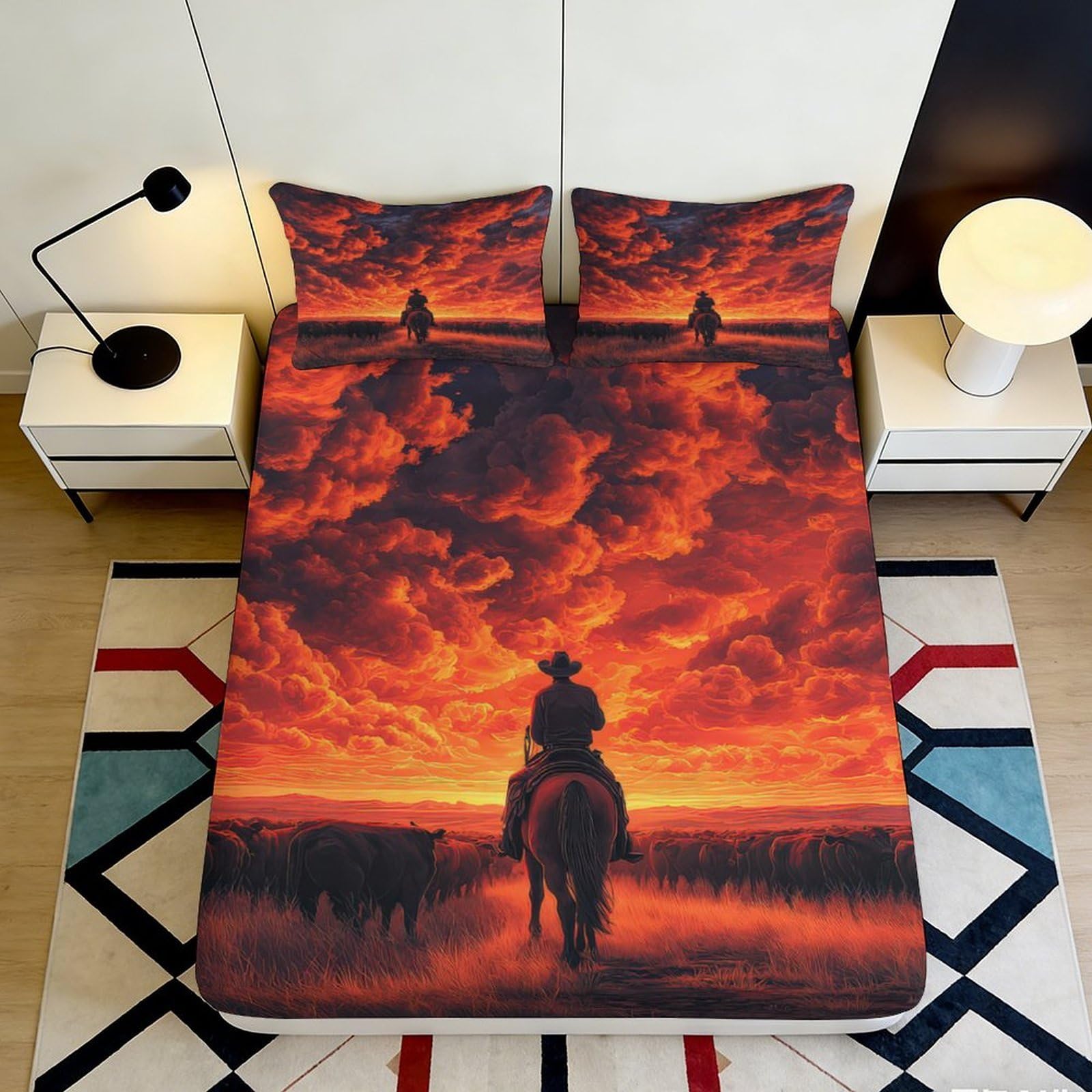Dhbaneiok Style-10 3D Printed Sunset Cowboy Fitted Sheet Microfiber Soft Western Landscape Bed Cover For Bedroom Dorm Mattress Decor 90X200x25cm