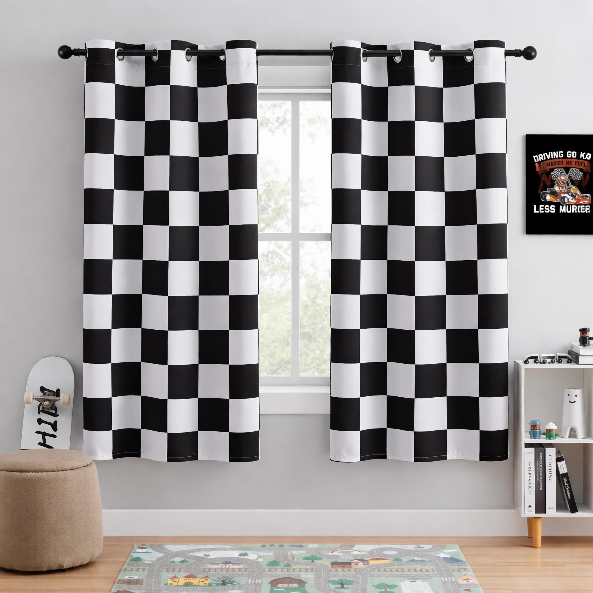 BOHOMOCASA 100% Blackout Curtains – Black and White Checkered Race Flag Pattern, 2 Panels, Each W42×L72, Thermal Insulated, Nosie Reducing for Bedroom, Living Room, Race car Drapes — image 1