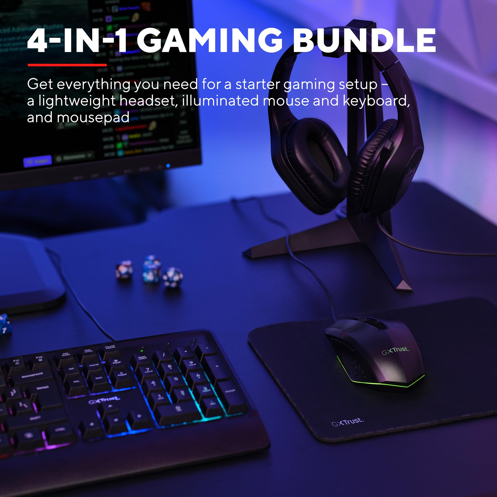 Trust Gaming GXT 792 Quadrox Kit 4-in-1 Mouse e Tastiera Gaming, Layout Italiano QWERTY, Cuffie con Microfono Leggere Jack Audio 3.5 mm, Tappetino, Bundle Pacchetto Gamer RGB per PC, Laptop - Nero