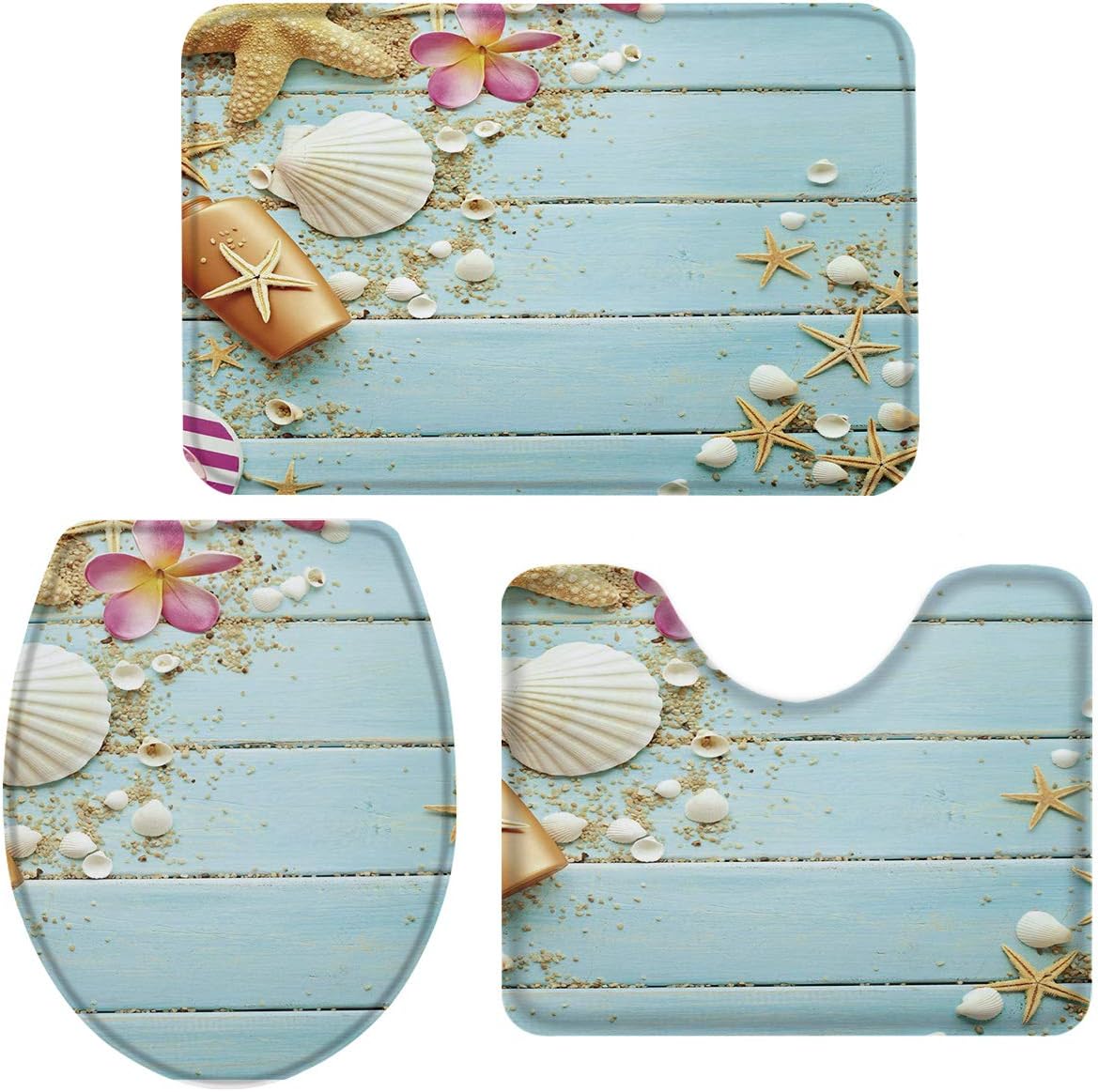 Libaoge Bathroom Mat Sets 3 Piece/Set Rugs Beach-Themed Nautical - Seashell Bath Mat, Starfish Bath Mat, Anchor Memory Foam Mat Set Matches Anti-Skid Absorbent Toilet Seat Cover Bath Mat Lid Cover