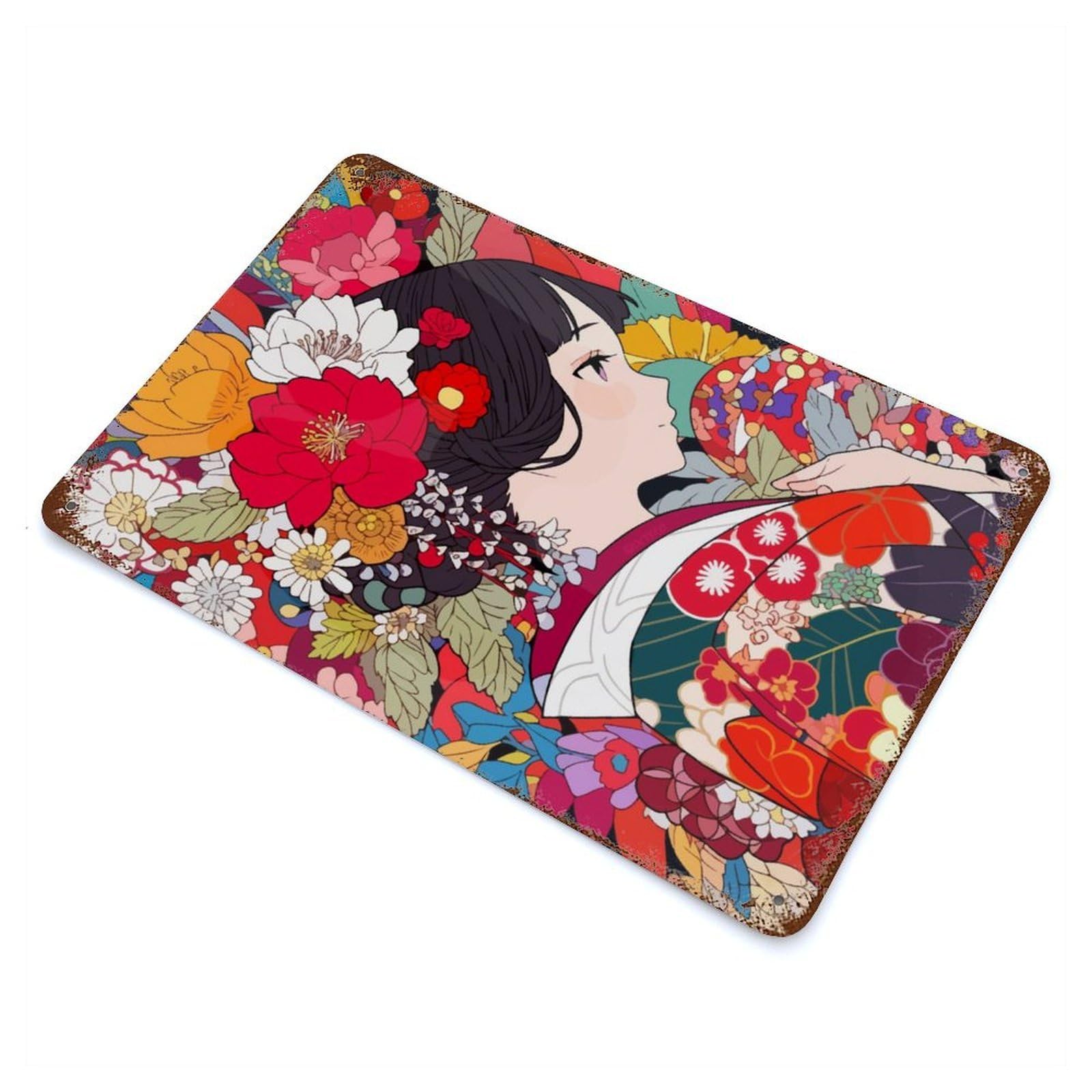Garage Style Cute Japanese Kimono Girl Rusty Metal Tin Sign 11.8"x7.9", Farmhouse Wall Decor for Bar And Workshop