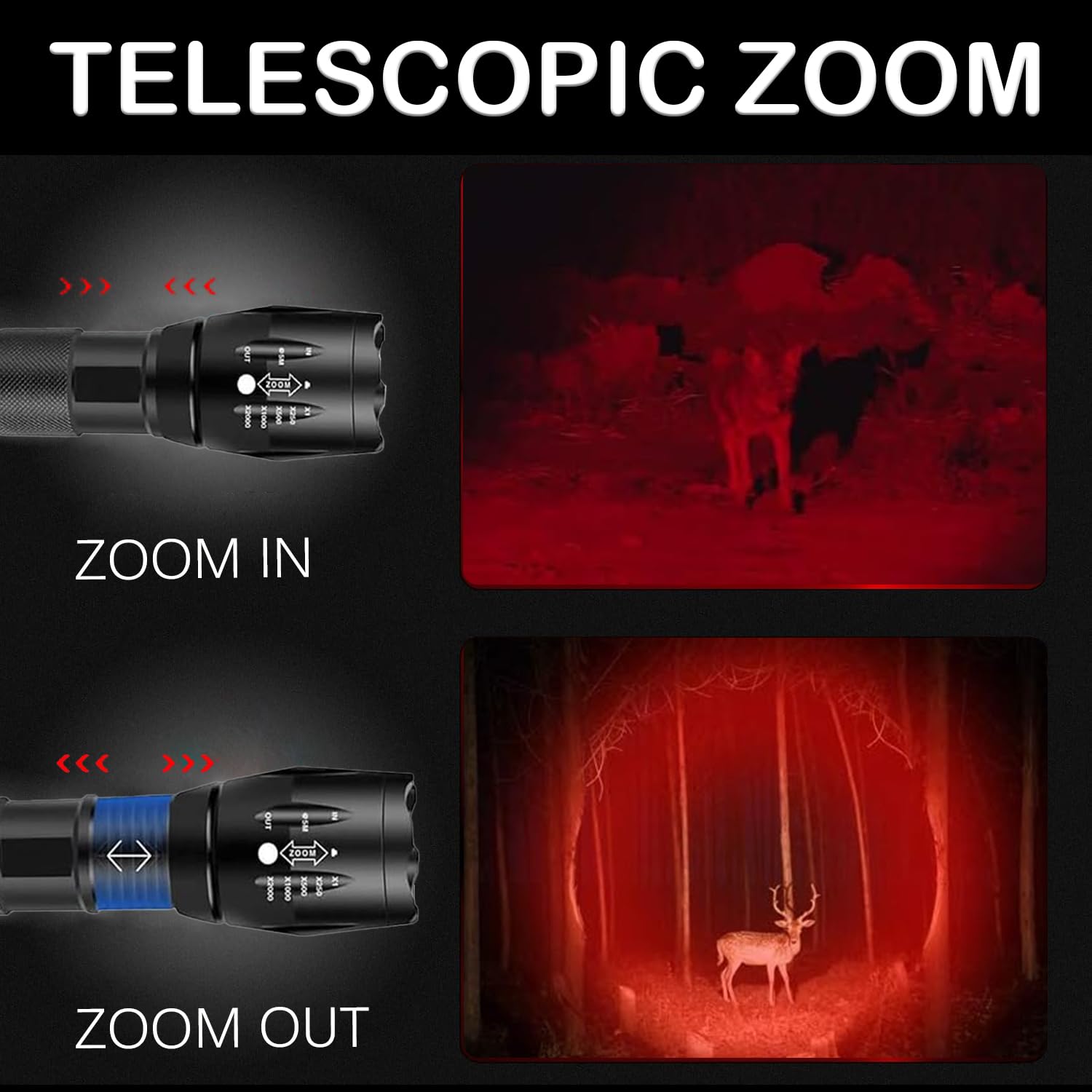 Lampe Poche Rouge LIAISIMI - Lampe Tactique LED Zoomable Étanche Pour Pêche Observation Nocturne