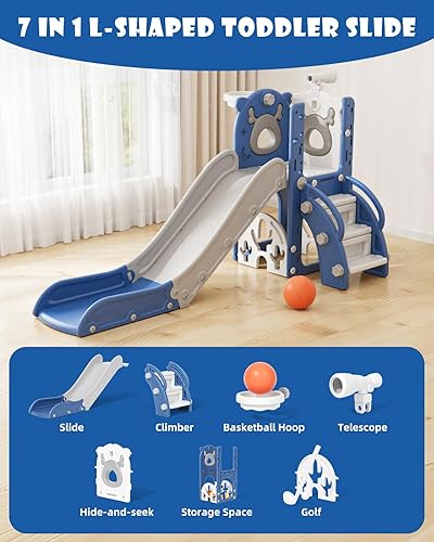 Miniatura 2 de YUFU Tobogán 7 en 1 para niños pequeños, juego de tobogán para niños pequeños con golf, escalador, aro de baloncesto y pelota, para interiores y