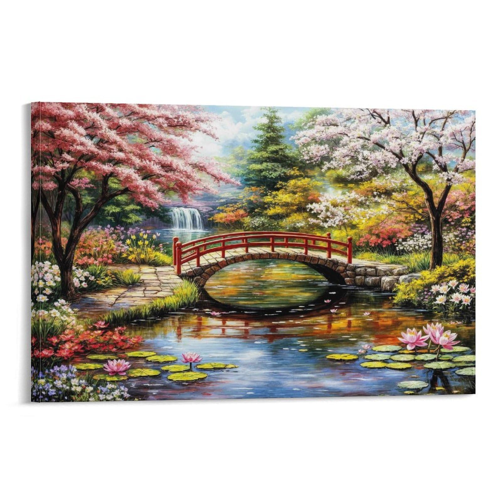 CPLVKWRQJ Spring Garden Bridge Individual Red Arched Bridge Cherry Blossom Pond Scene Canvas Wall Art - Office Canvas Print Fade Resistant Wall Focal Art Ready to Hang 16x24inch(40x60cm)