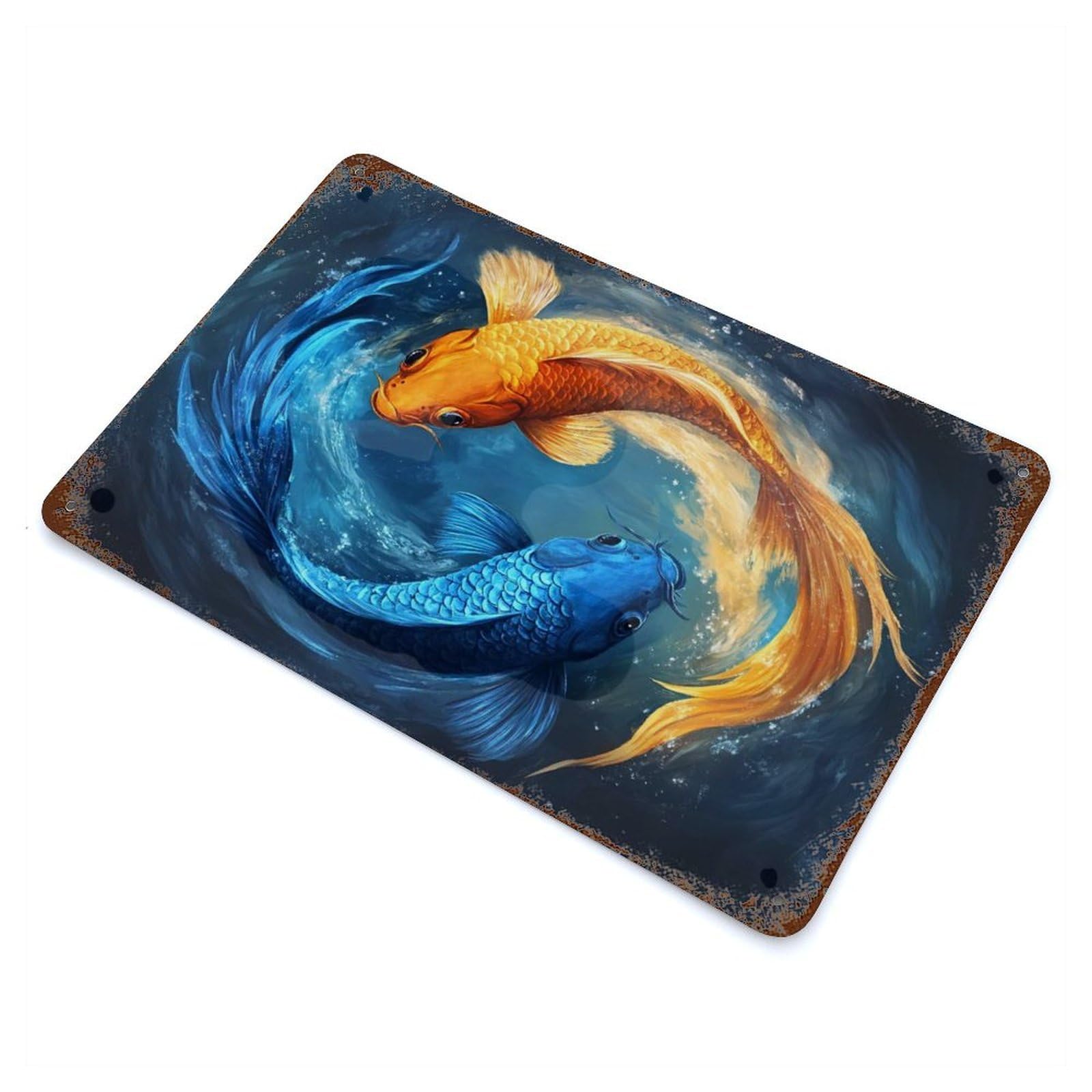 Blue And Gold Koi Fish Decorative Tin Sign 11.8"x7.9", for Bistro, Counter And Cafe Decor, Classic Wall Plaque