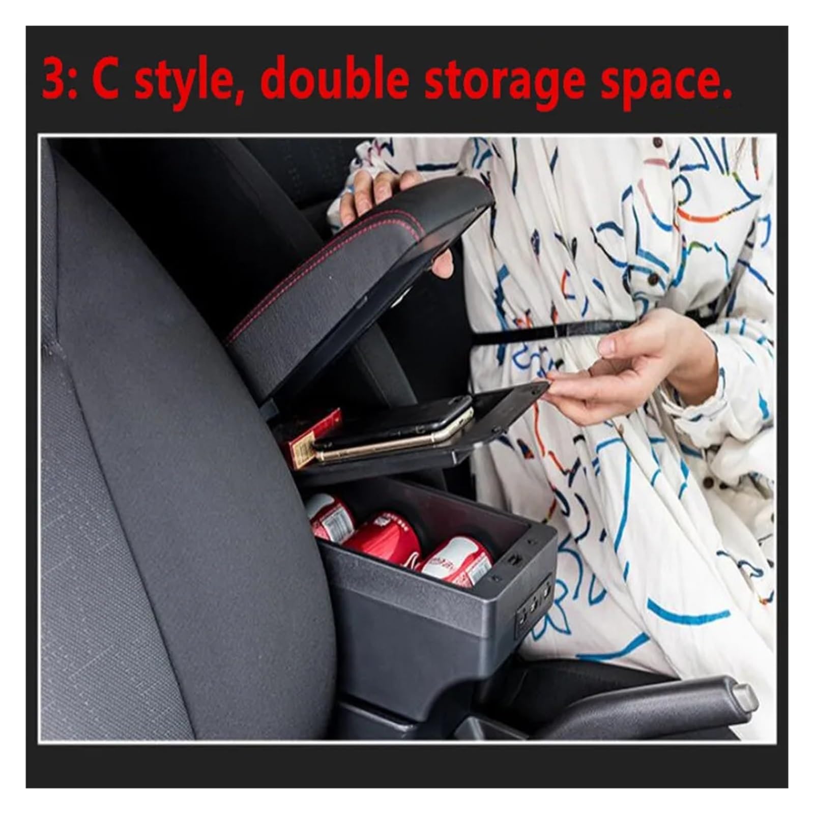 consola central Almacenamiento de la consola central caja del reposabrazos coche con accesorio USB(B black black line)