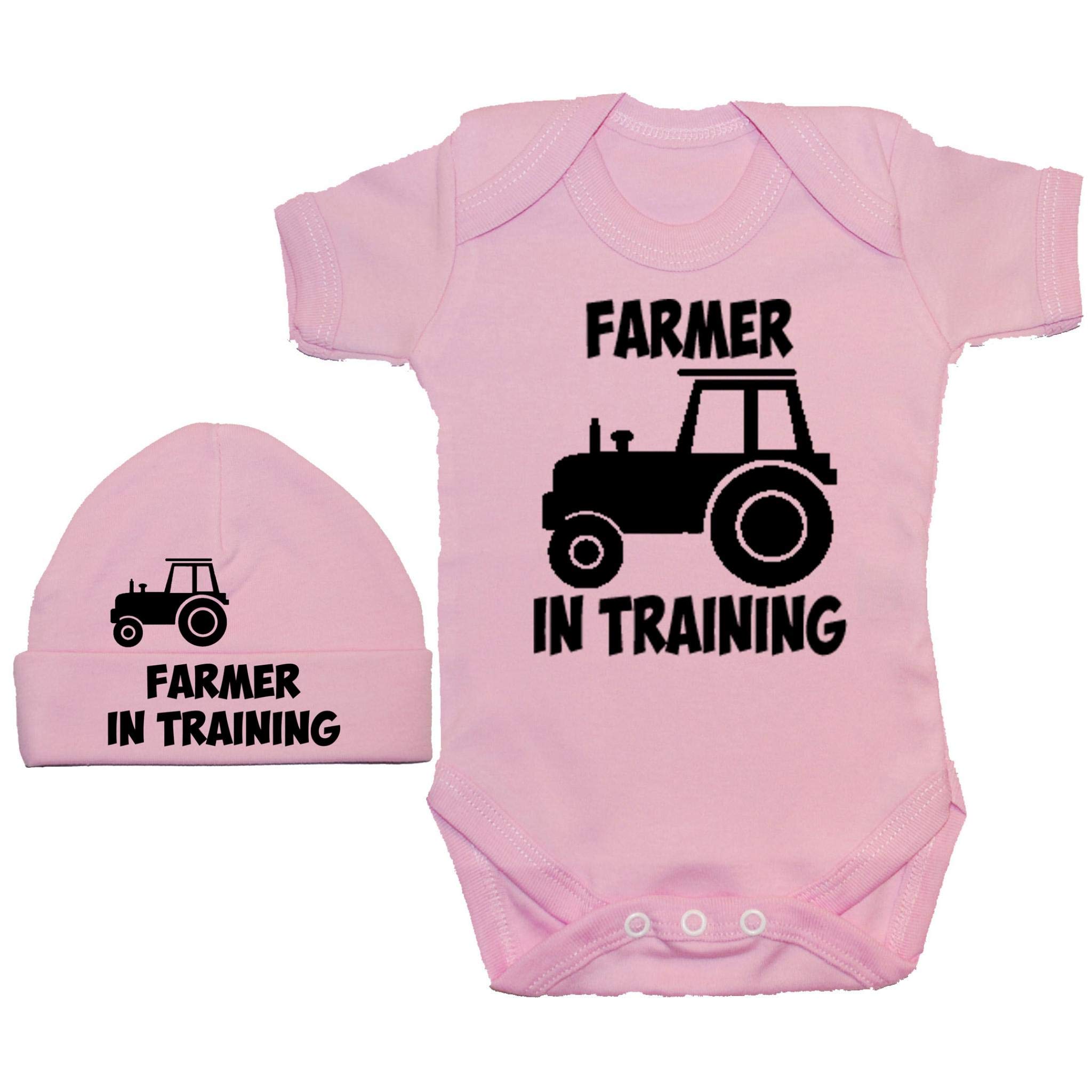 Acce Products Farmer in Training Baby Bodysuit Romper & Beanie Hat - 6-12 Months - Pink