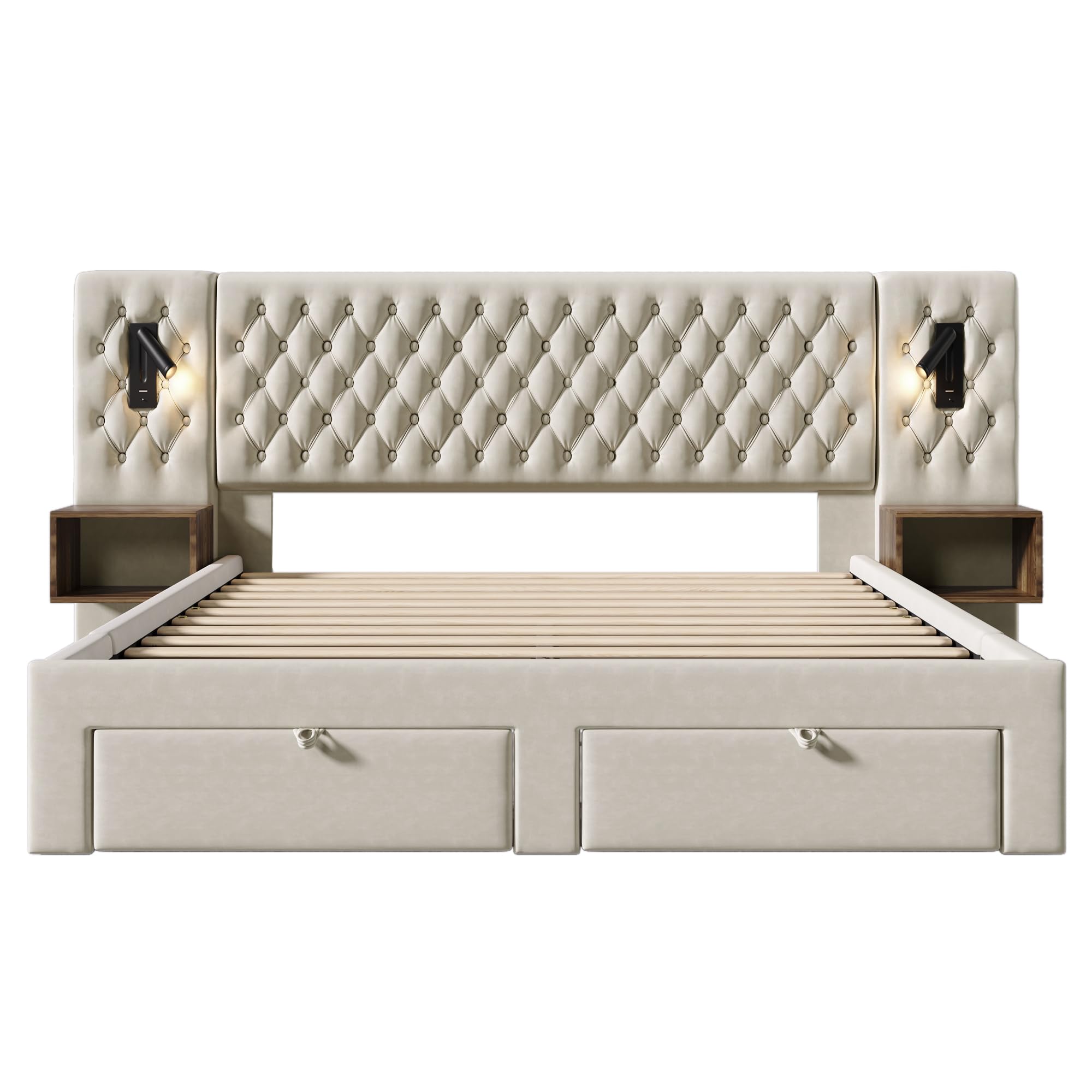Idemon Set completo per camera da letto, letto matrimoniale, 160 x 200 cm, con 2 comodini e 4 cassetti, testiera con funzione di ricarica USB, 243 x 211 x 106 cm, velluto (senza materasso) (beige)