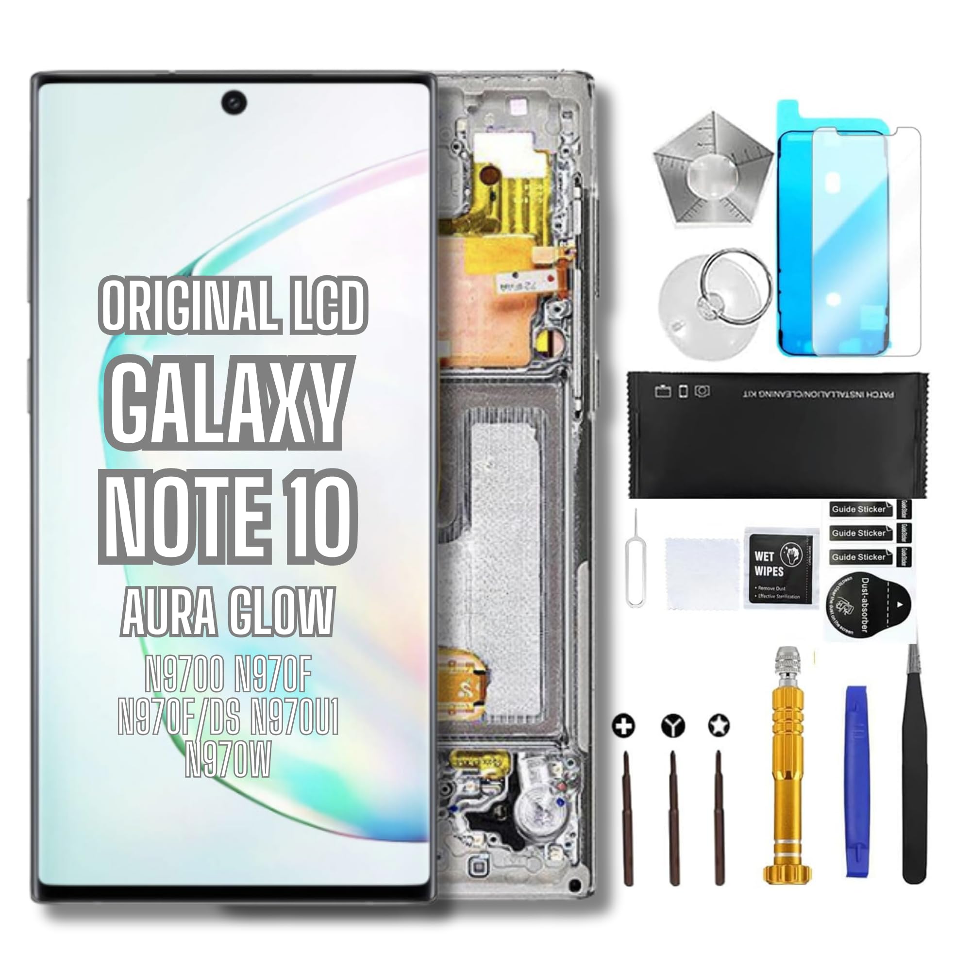 Samsung Galaxy Note 10 6.3” True Original OEM Display Digitizer LCD Screen Replacement Touch Assembly N9700 N970F N970F/DS N970U1 N970W Premium Repair Toolkit + Free Install (Aura Glow Frame)