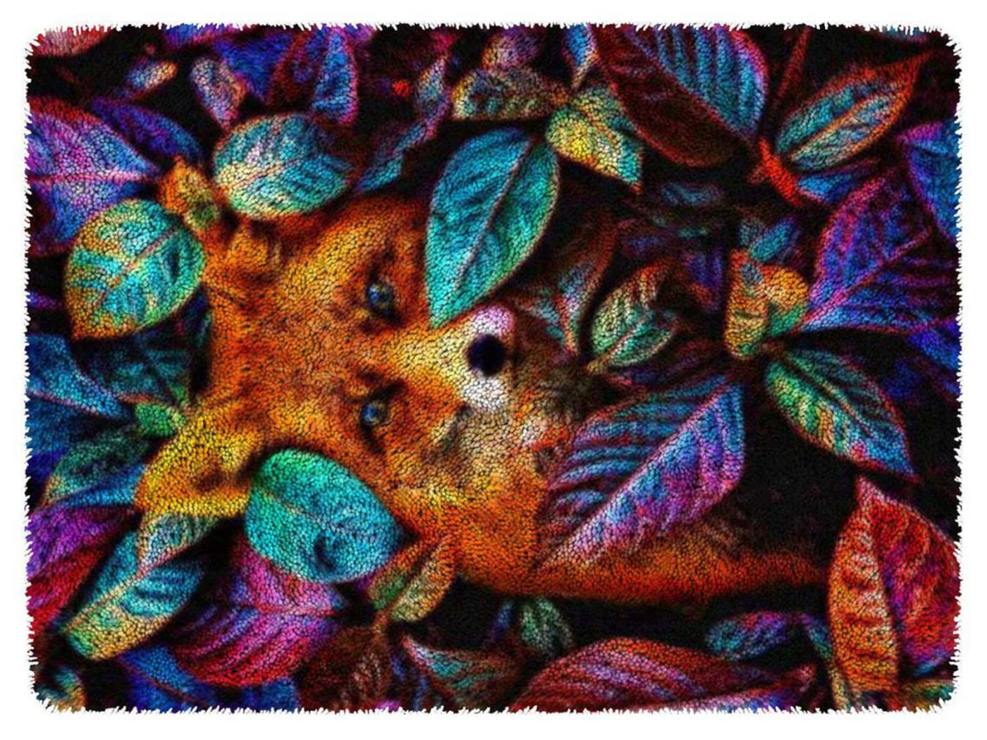 WYOUTDOOR Latch Hook Rug Kits, for Adults Large Leaf Fox Carpet Rug Tapestry Making Crafts DIY Embroidery Cushion Crochet Yarn Kits with Color Pre Printed Pattern for Home Decor,52x38cm