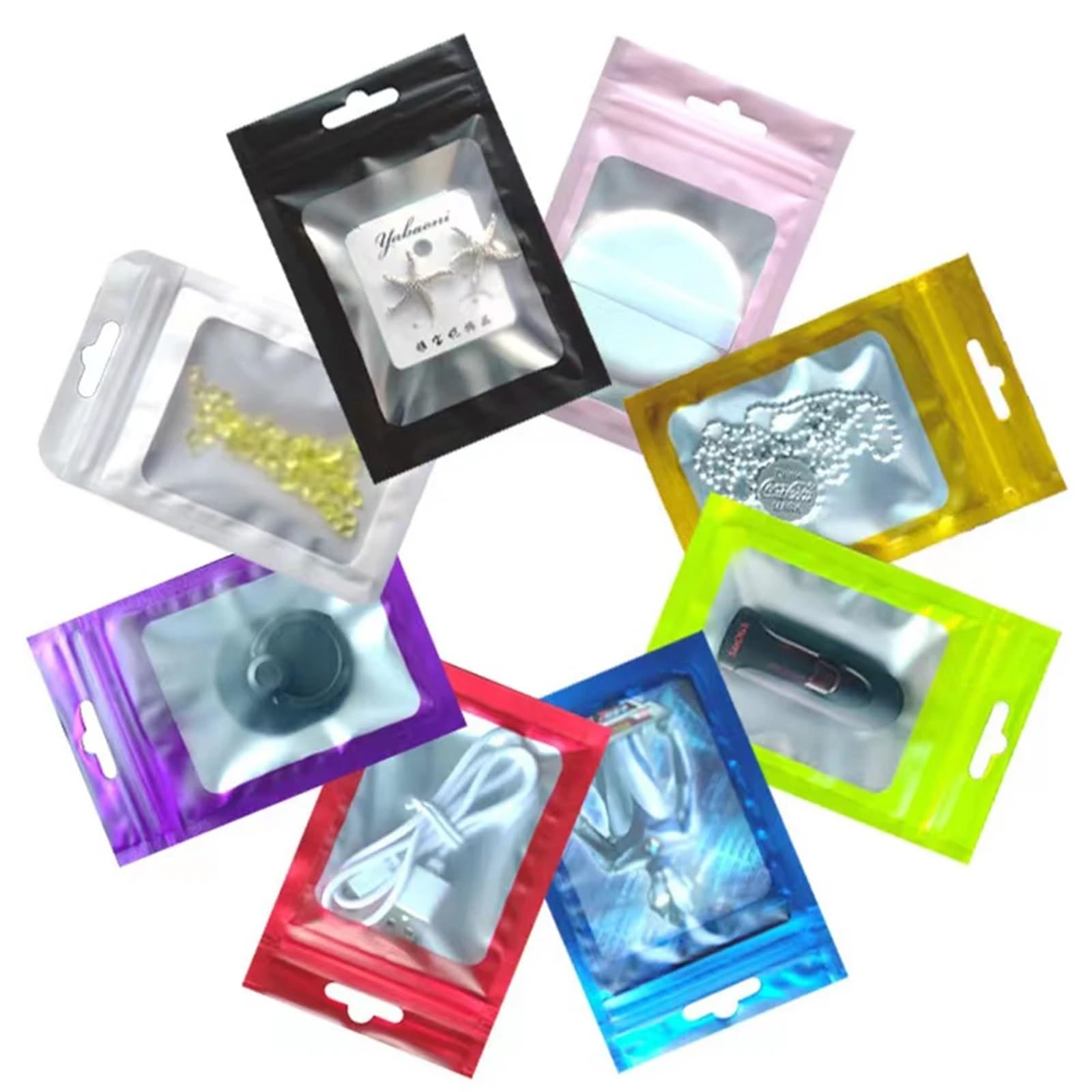 Sacchetti Ziplock, 100 pezzi Zip Lock Sacchetto di alluminio colorato con foro for appendere Finestra trasparente opaca Chiusura lampo autoadesiva Tacca a strappo Confezione alimentare riutilizzabile(