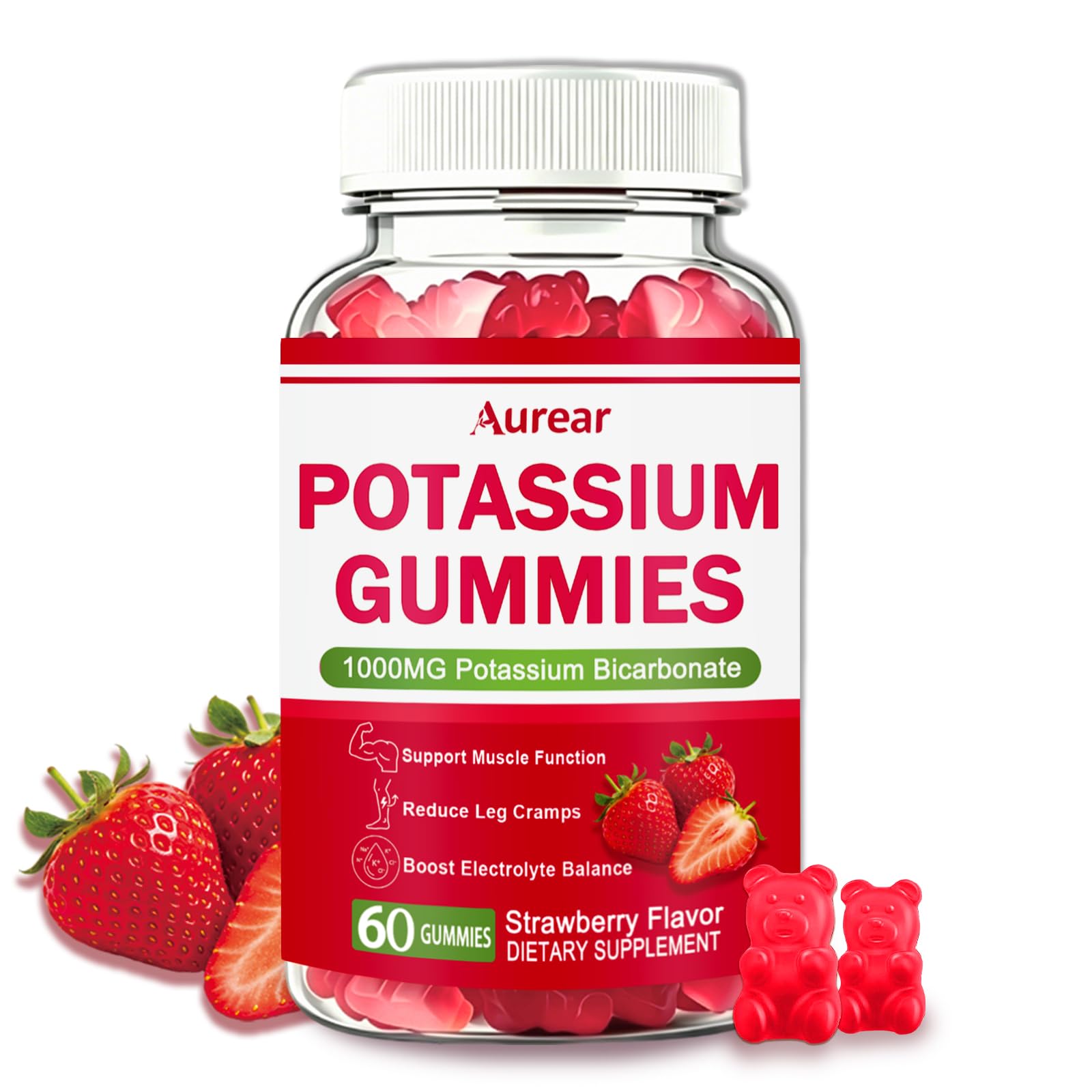 Potassium Gummies 1200mg, Potassium Bicarbonate Supplement for Adults, Support Muscle Health & Electrolyte Balance, Sugar-Free, Strawberry Flavor, 60 Count 60 Count (Pack of 1)