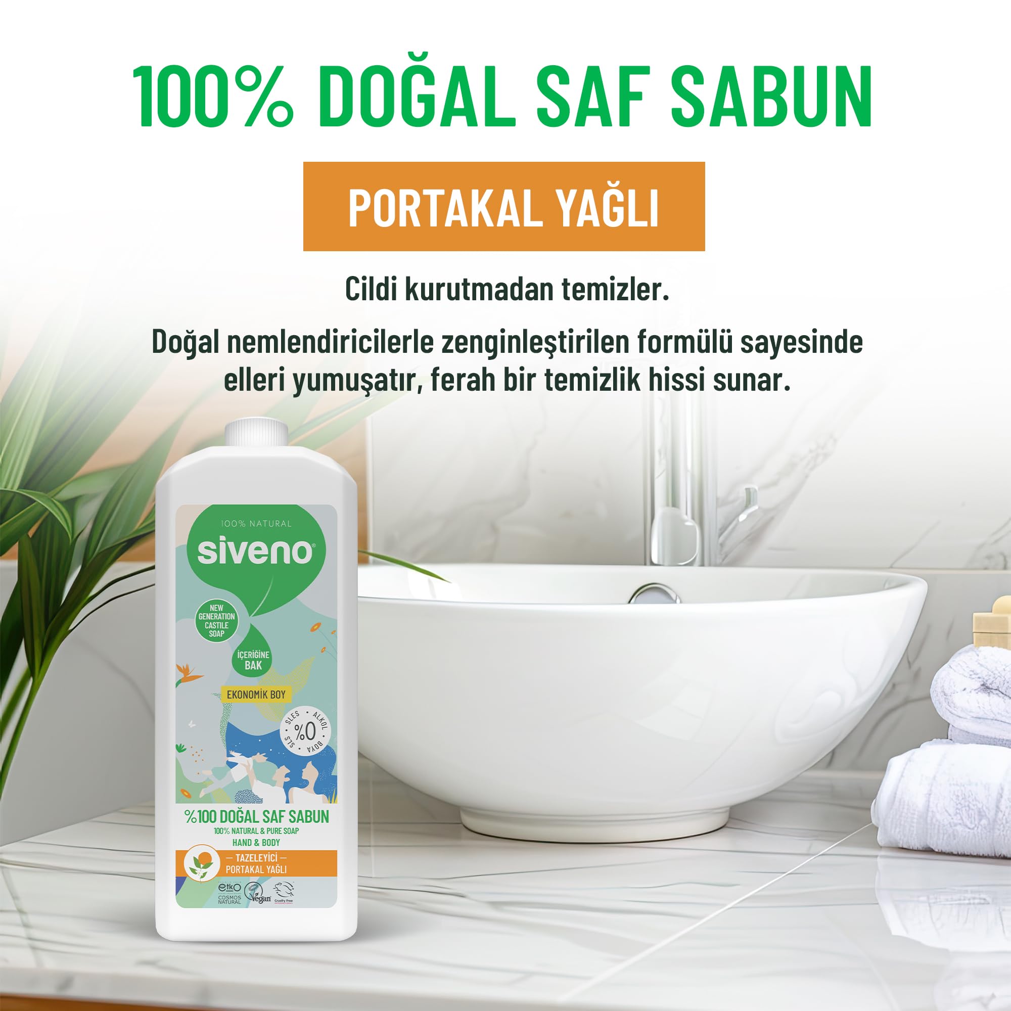 Siveno %100 Doğal Sıvı Kastil Sabun Portakal Yağlı Yoğun Nemlendirici Arındırıcı Bitkisel Vegan 1000 ml
