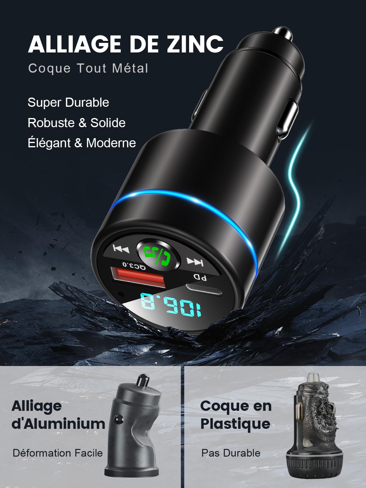 Mohard Bluetooth Voiture, [Tout Métal] Transmetteur FM V5.3, PD 30W + QC 3.0 Chargeur Allume Cigare Rapide, Adaptateur Bluetooth Voiture, Appel Main Libre, Suppression du Bruit, Hi-FI Musique