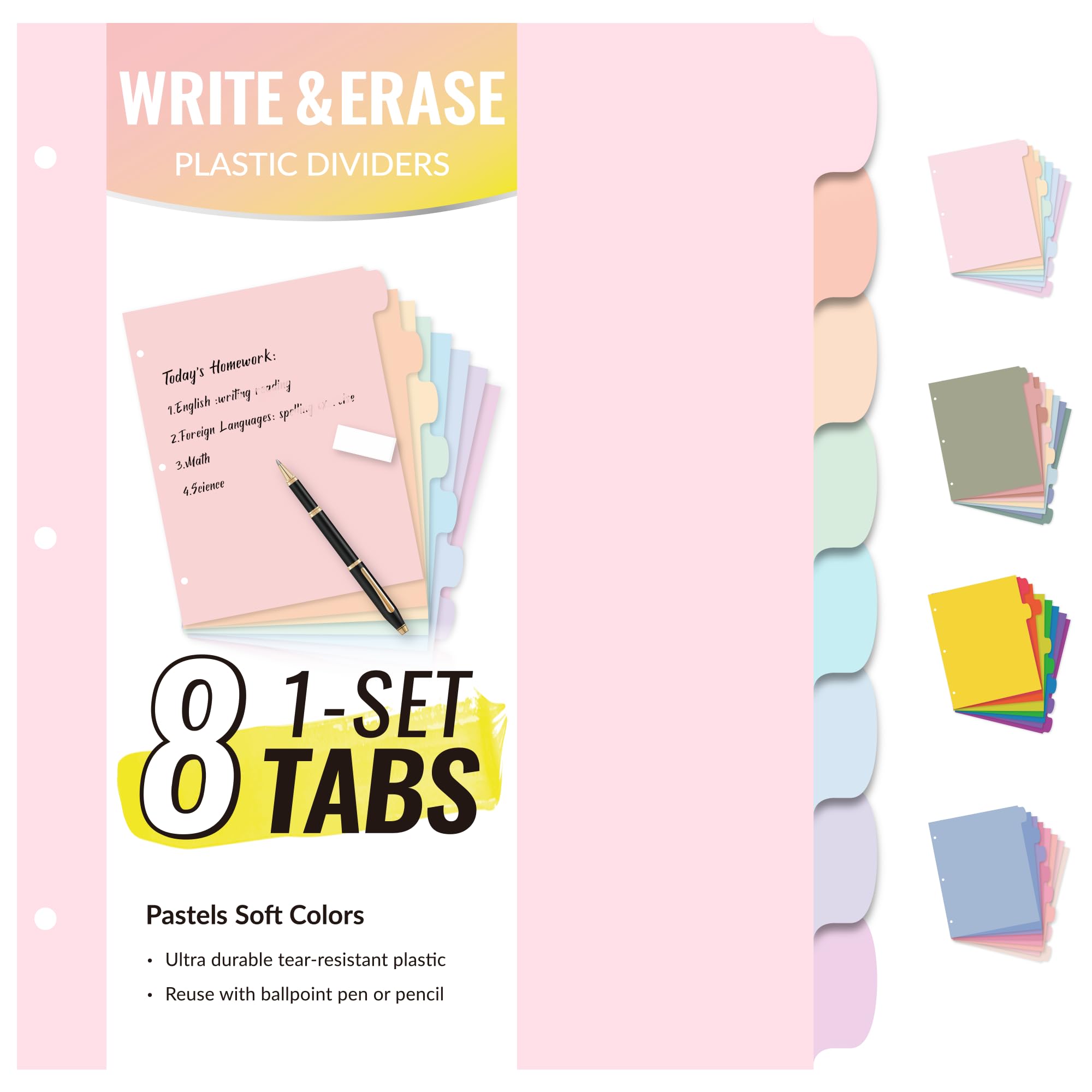 Sooez 8 Tabs Long-Lasting Plastic Write & Erase Large Tabs Dividers for 3 Ring Binder, Aesthetic Cute Pastels Binder Dividers for Student, Teacher, Office, Home Organizers, 1 Set, Pastels Color