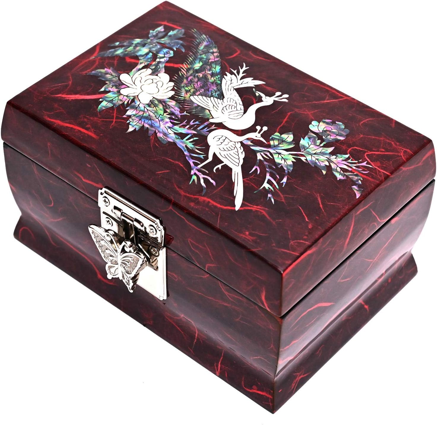 MADDesign Mother of Pearl Lacquered Jewelry Music Ring Box Peacock Red