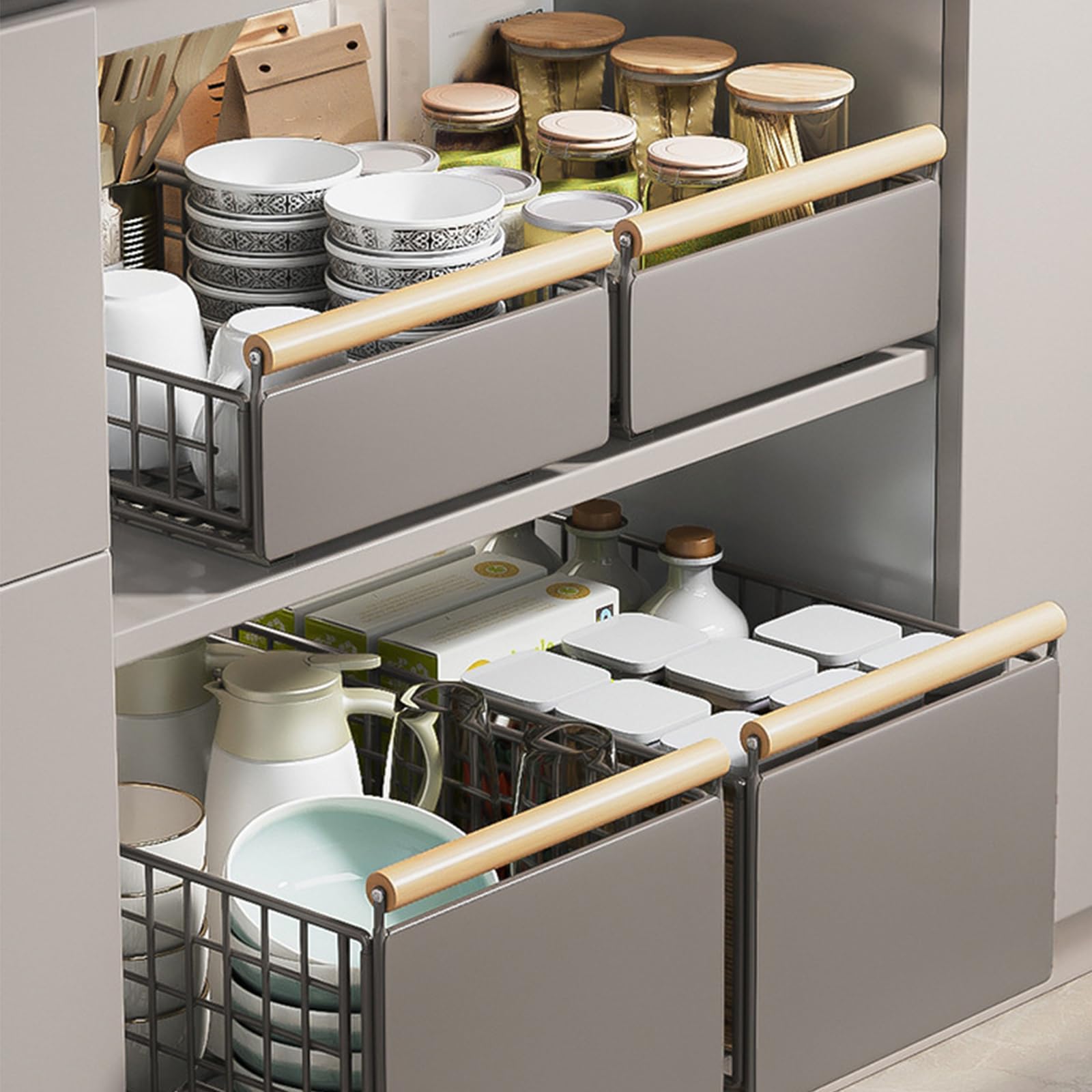 HEVOY Pull Out Cabinet Sliding Basket, Under Sink Mesh Drawer Organizer with Handle, Metal Kitchen Bathroom Organization Shelf, Countertop Pantry Storage Shelves with Adhesive Nano Tape (Gray, L)