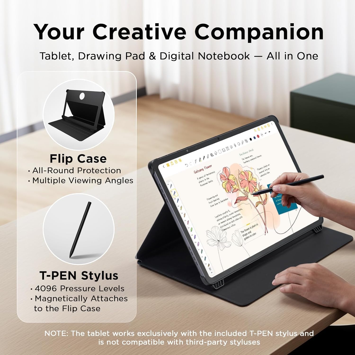 TCL NXTPAPER 14 tablet with flip case and T-pen stylus, highlighting creative companion features.