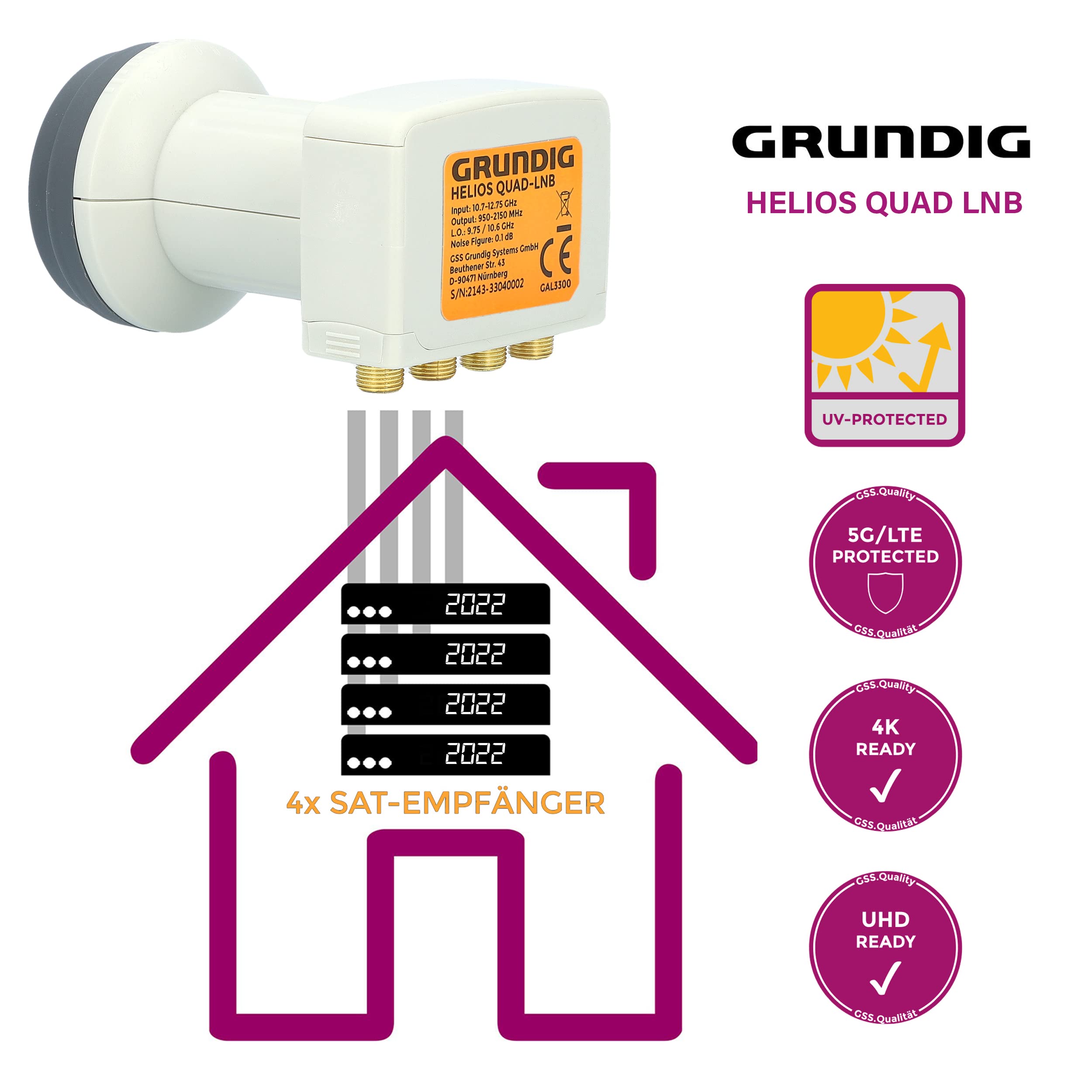 [ Test SEHR GUT, Note 1.2 *] GSS Helios Quad LNB mit LTE Abschirmung & Sun Protect UV Schutz, 4Fach HD 4K LNB für 4 Teilnehmer für Direktanschluss (TV Fernseher, Sat Receiver) LMB für Satelliten