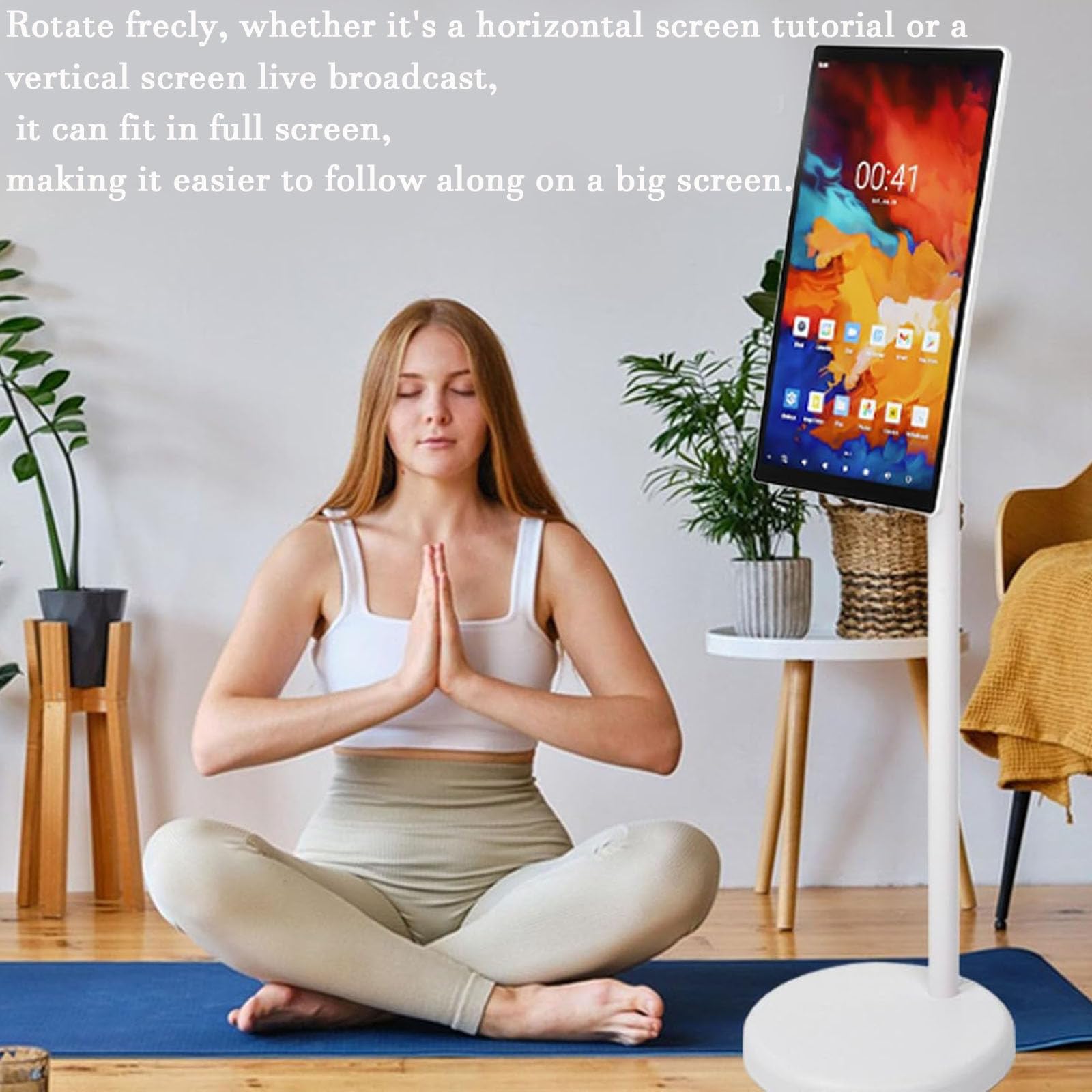 21,5-calowy przenośny telewizor Smart TV z ekranem dotykowym, telewizor na kółkach z funkcją sterowania głosowego, system operacyjny Android, 6 GB pamięci RAM + 128 GB pamięci.