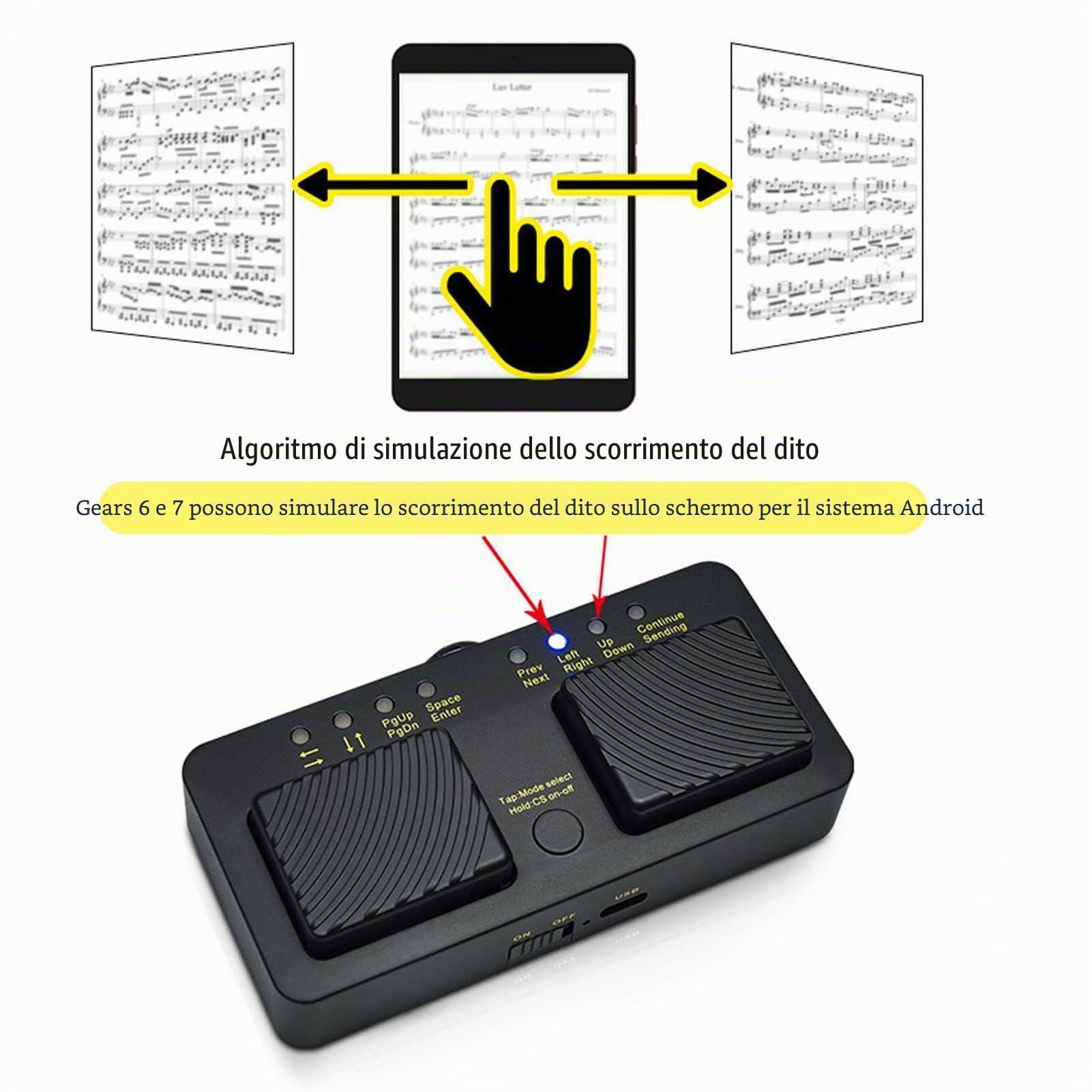 Girapagina Bluetooth, Funzionamento Silenzioso, Pedale Girapagina Wireless, Controller Pagina Spartiti, Interruttore a Pedale, per PC, Portatile, Tablet, Smartphone, Uso Diverso