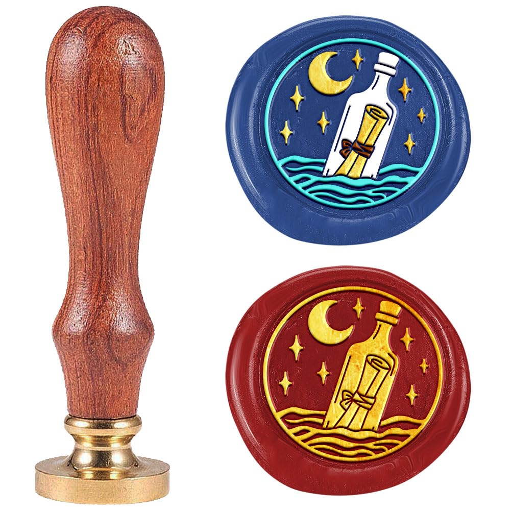 DELORIGIN Dreamy Drift Bottle Wax Seal Stamp Embossed Stamp Sealing Removable 1" Brass Wax Seal Stamp Head with Wooden Handle Moon Sea Sealing Wax for Wedding Invitations Envelopes Gift Packing