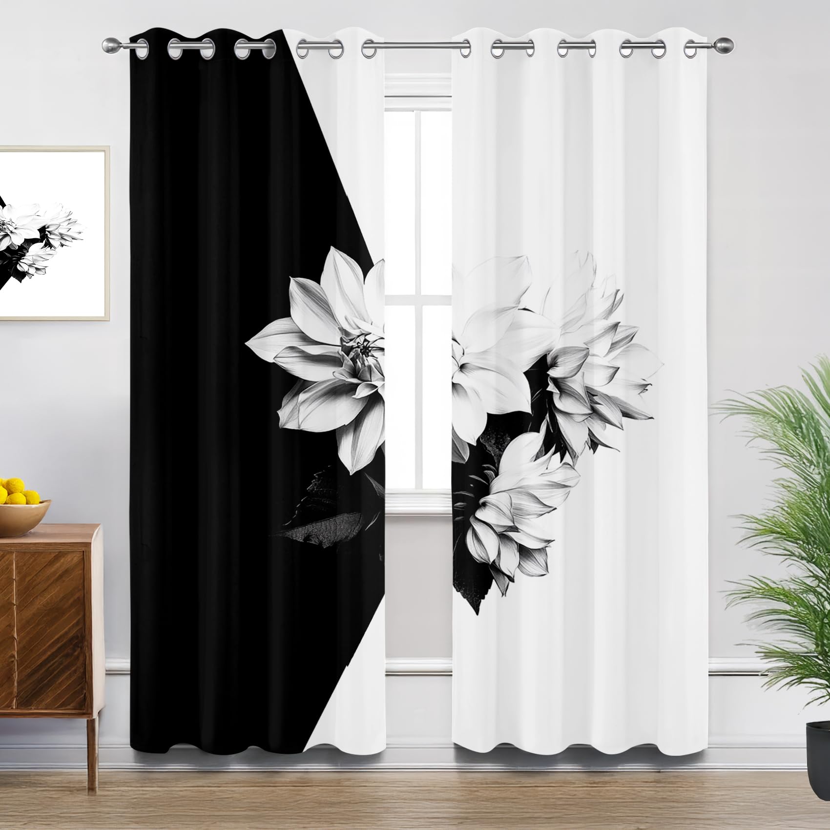 Modern Bedroom Curtains Eyelet, Black White Floral Monochrome Art Blackout Thermal Insulated Soundproof Curtains for Living Room, W52 X D84, 2 Panels Window Treatments Home Decorations