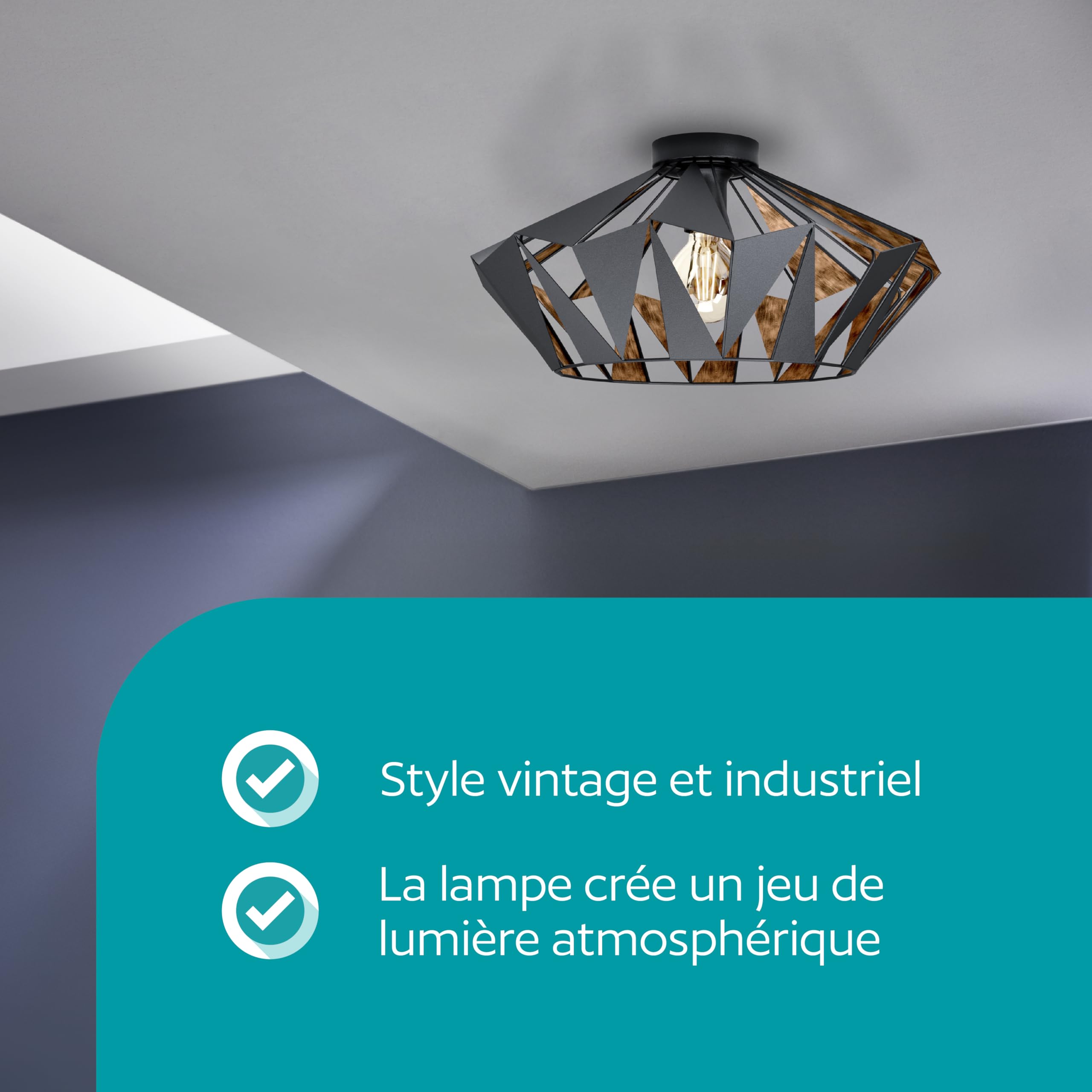 Eglo Luminaire plafonnier Carlton 6, lustre au style vintage, industriel et | rétro en acier noir et cuivre, lampe de plafond pour salon, cuisine et couloir, douille E27