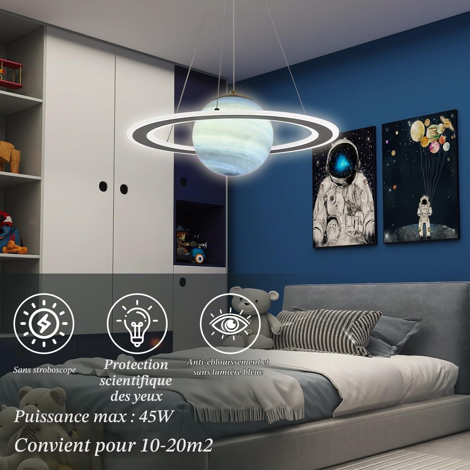 Lustre en Verre pour Chambre d'enfant Planet Creative Planet Garçons Filles Lustre en Verre, Space Planet Chambre d'enfant Lampes suspendues au Plafond-Tricolore Bleu Clair