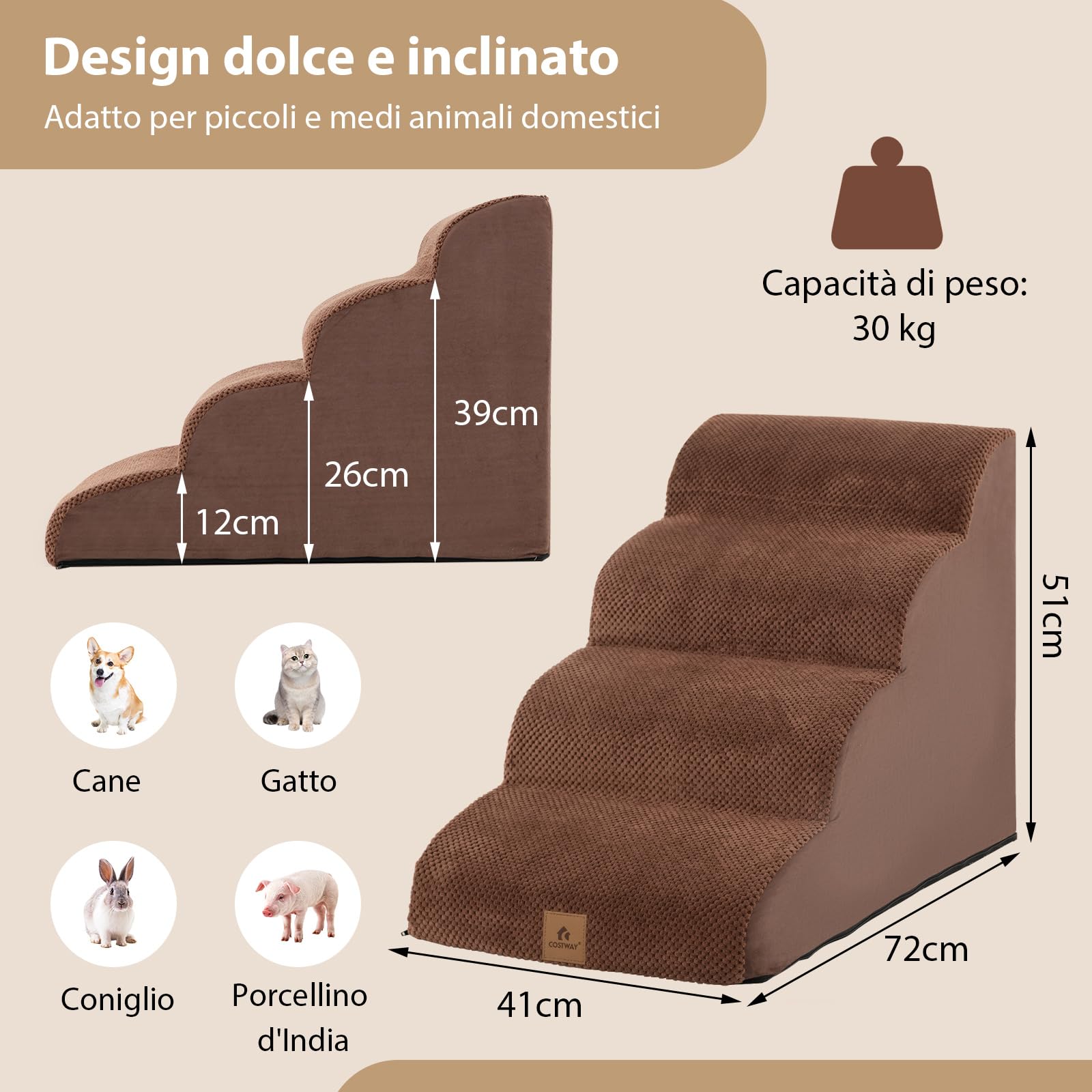 COSTWAY Rampa per Cani in Schiuma a 4 Livelli, Scale Antiscivolo con Superficie a Pendenza Dolce per Divani e Letti Alti, Rampa per Cani Piccoli e Vecchi, Animali con Problemi alle Articolazioni