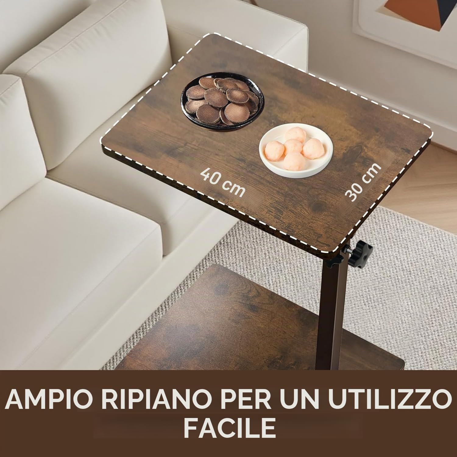 Tavolino a forma di C, regolabile in altezza, con ruote, tavolino piccolo, tavolino laterale, tavolino da caffè, comodino, comodino, per soggiorno, camera da letto, bagno