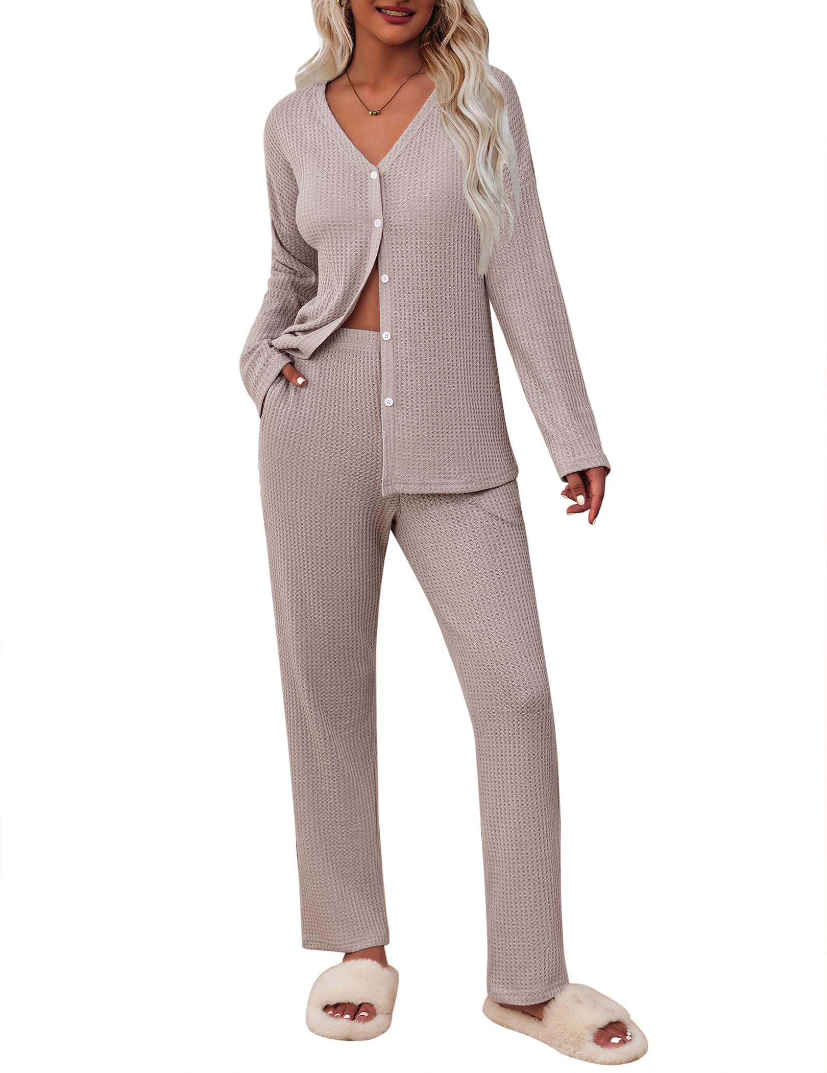 ACEVOG 2 Piece Waffle Knit Pajamas For Women Lounge Sets Long Sleeve Button Down Pajama Sets with Pockets