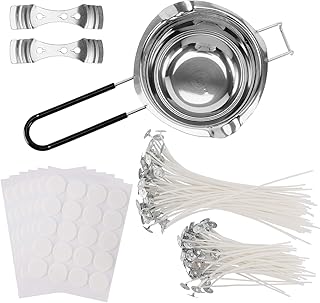 Kit per Candele Fai Da Te Adulti, Con 1 Melting Pot Di Cera (400 ml), 2 Porta Stoppino A 3 Fori, 60 Pezzi (12 cm) E 60 (17cm) Pezzi Stoppini per Candele, 120 Pezzi Adesivi per Stoppini.