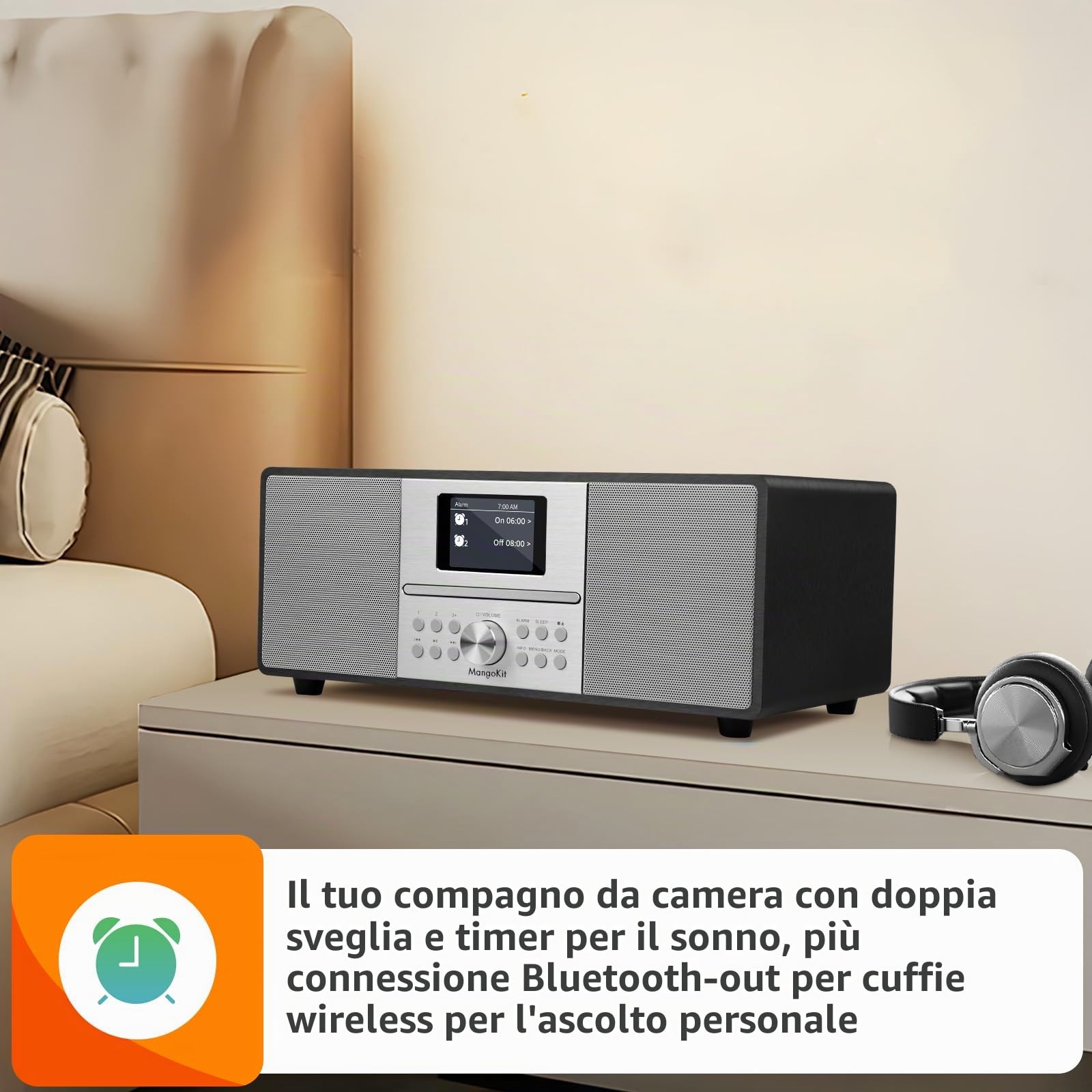 MS4 CD Player DAB Radio Hifi Sistema I Bluetooth I Potente Sistema Stereo I Digital Radio Dab+I Acustic Wood Mabiet I CD Player con 40 Preset, Jack per Cuffie,Metallico Nero