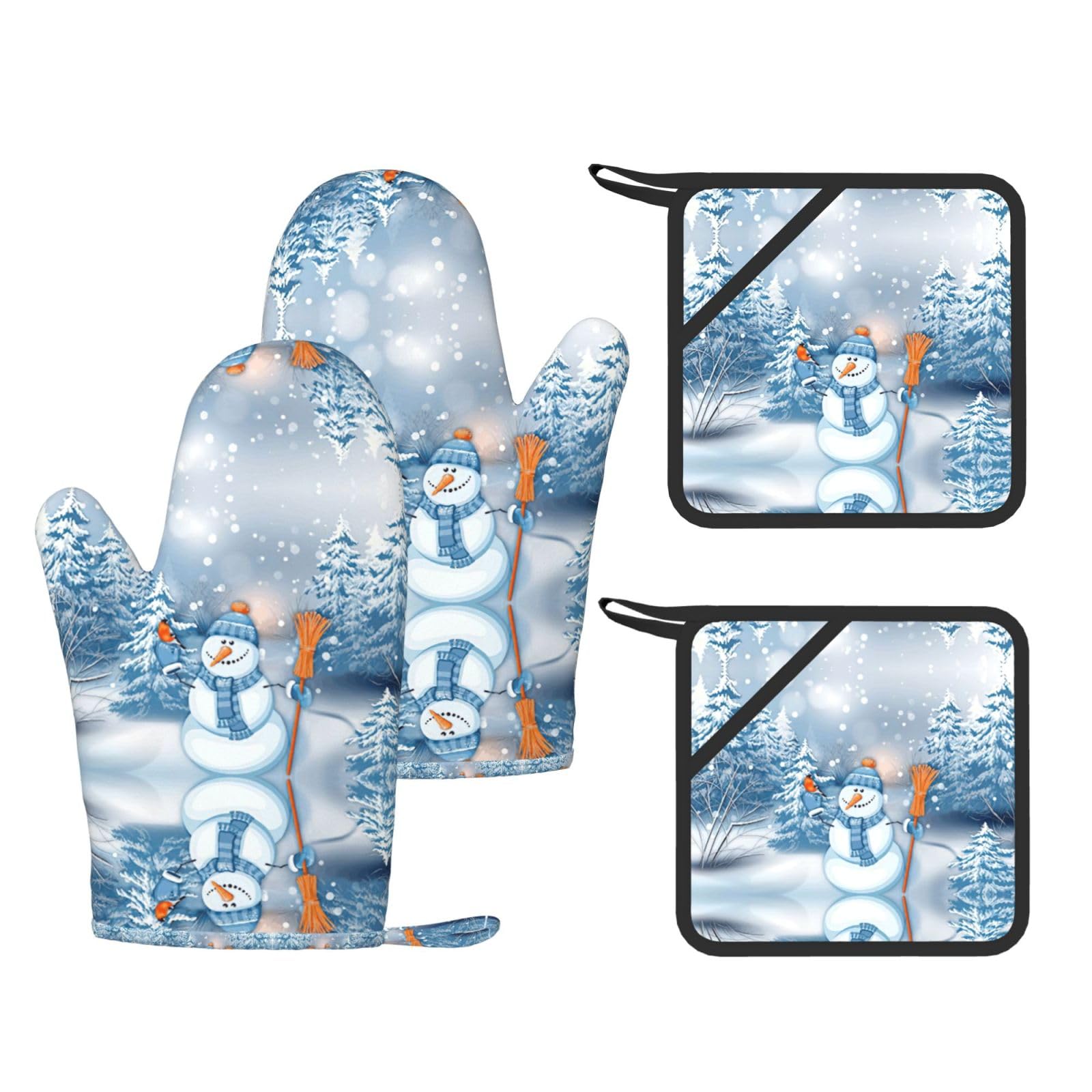 Hardworking snowman Printed Potholder and Oven Mitt Set of 4, High Heat Resistant Cooking Gloves for BBQ Grilling