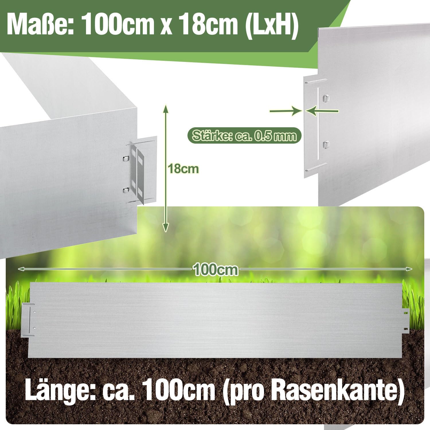 Metalowe obrzeże trawnika, 30 m, ocynkowane, elastyczne obramowanie rabatki, krawędź do koszenia, łatwy montaż, ogranicznik trawnika, srebrne, 30 sztuk, 100 x 18 cm (dł. x wys.)