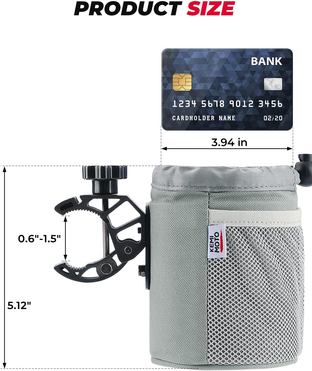 kemimoto Getränkehalter, Oxford-Stoff, Getränke-Dosenhalter mit Abfluss und Krokodilklemme für Boot, Motorrad, ATV, Fahrrad, Rollstuhl, Rollator, Roller, Golfwagen, Wohnmobil, Stuhl, verstellbar, grau