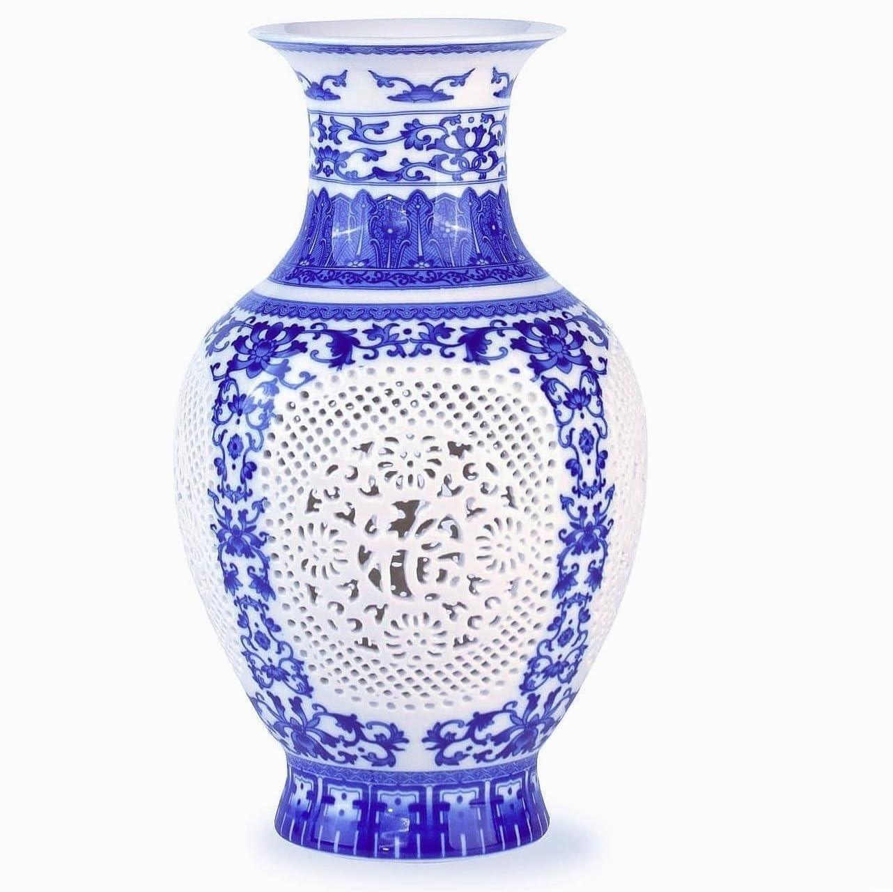 Blue and White Ceramic Vase, Chinoiserie Blue Porcelain Vase, Vintage Ceramic Flower Vase for Home Decor, Blue and White Porcelain Vases for Living Room Bookshelf Table Home Decoration (1-GY 11")
