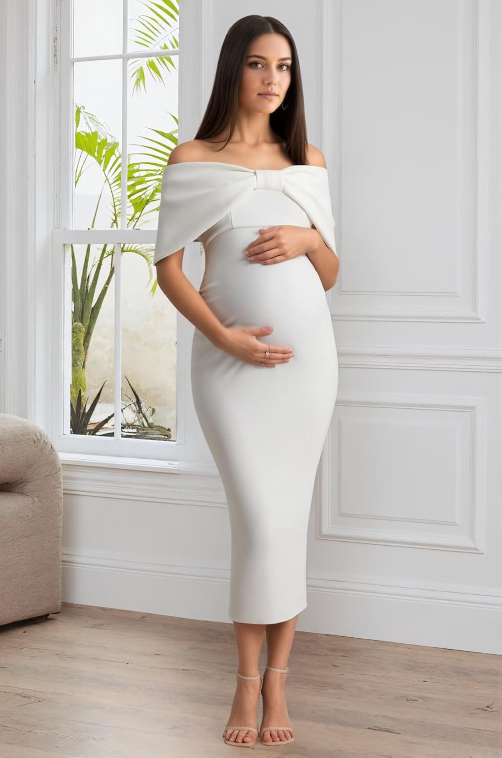 Off Shoulder Satin Maternity Dresses for Baby Shower 2026 Tea Length Sheath Pregnancy Gowns for Photoshoot with Bow