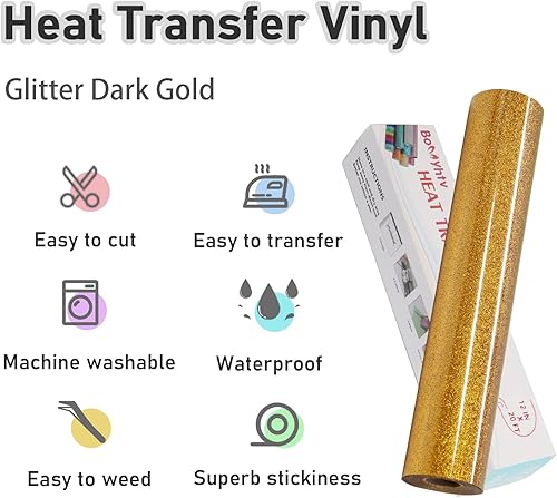 Miniatura 3 de Bonnyhtv Rollo de vinilo de transferencia de calor HTV de 12 x 20 pies, vinilo para planchar con purpurina para Cricut y Silhouette Cameo, vinilo