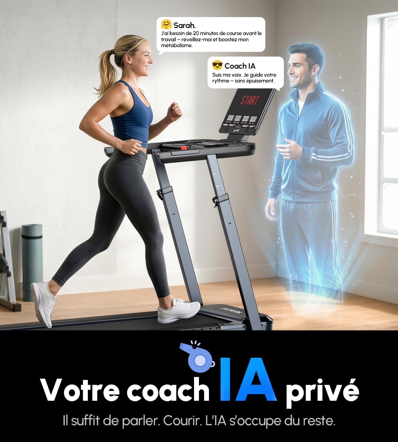 Tapis de Course Adaptatif IA Moteur 5.0 HP Charge Max 200 kg
