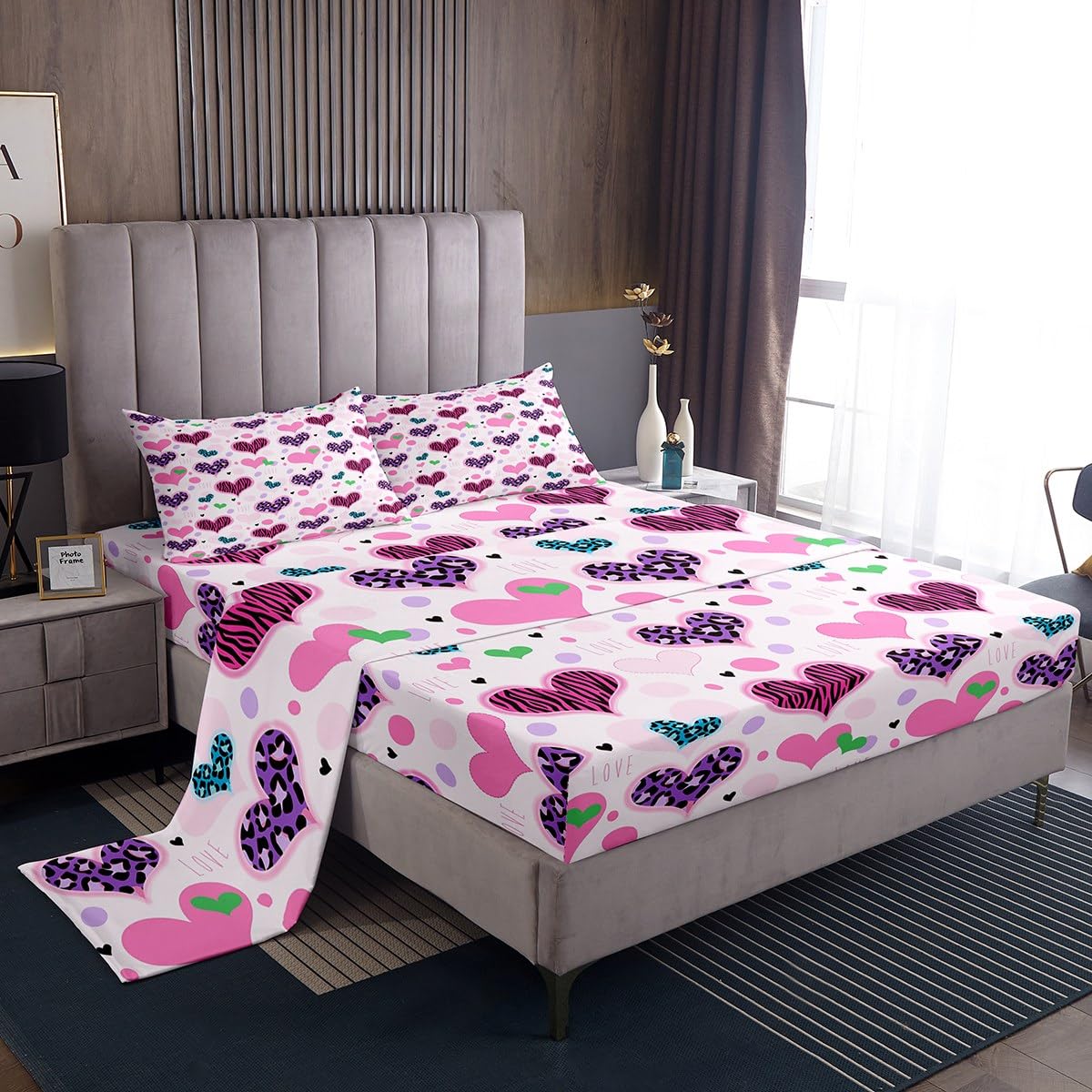 Homemissing Set di lenzuola per bambini, ragazzi e ragazze, con stampa a cuore ghepardo, con tasca profonda, lenzuolo con angoli, per letto singolo, romantico, decorazione per San Valentino, set di