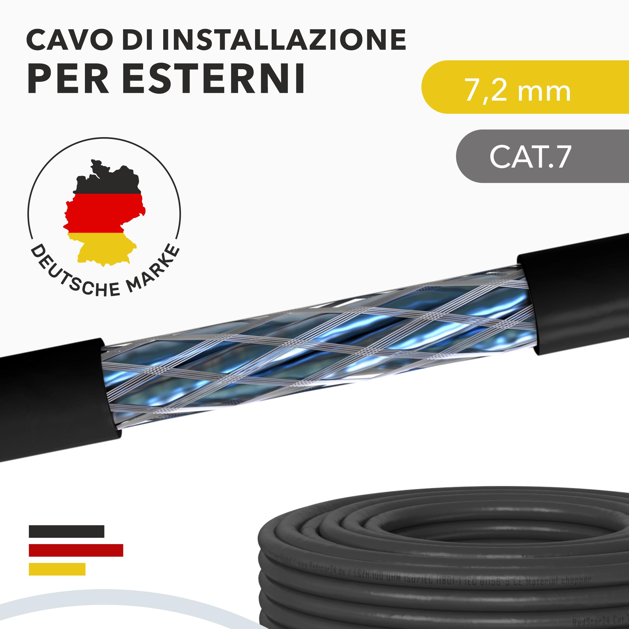 RedStar24 CAT 7 Cavo di rete esterno 50m - Cavo Ethernet CAT7 Schermato - Cavo dati LAN Gigabit S/FTP, PIMF, PoE, 10Gbit/s, Senza alogenuri, Uso per interramento - 50 metri